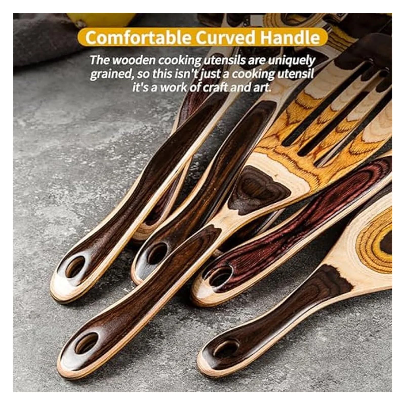 Juego de 7 utensilios Pakkawood ecológicos con cuchara de madera for cocinar.