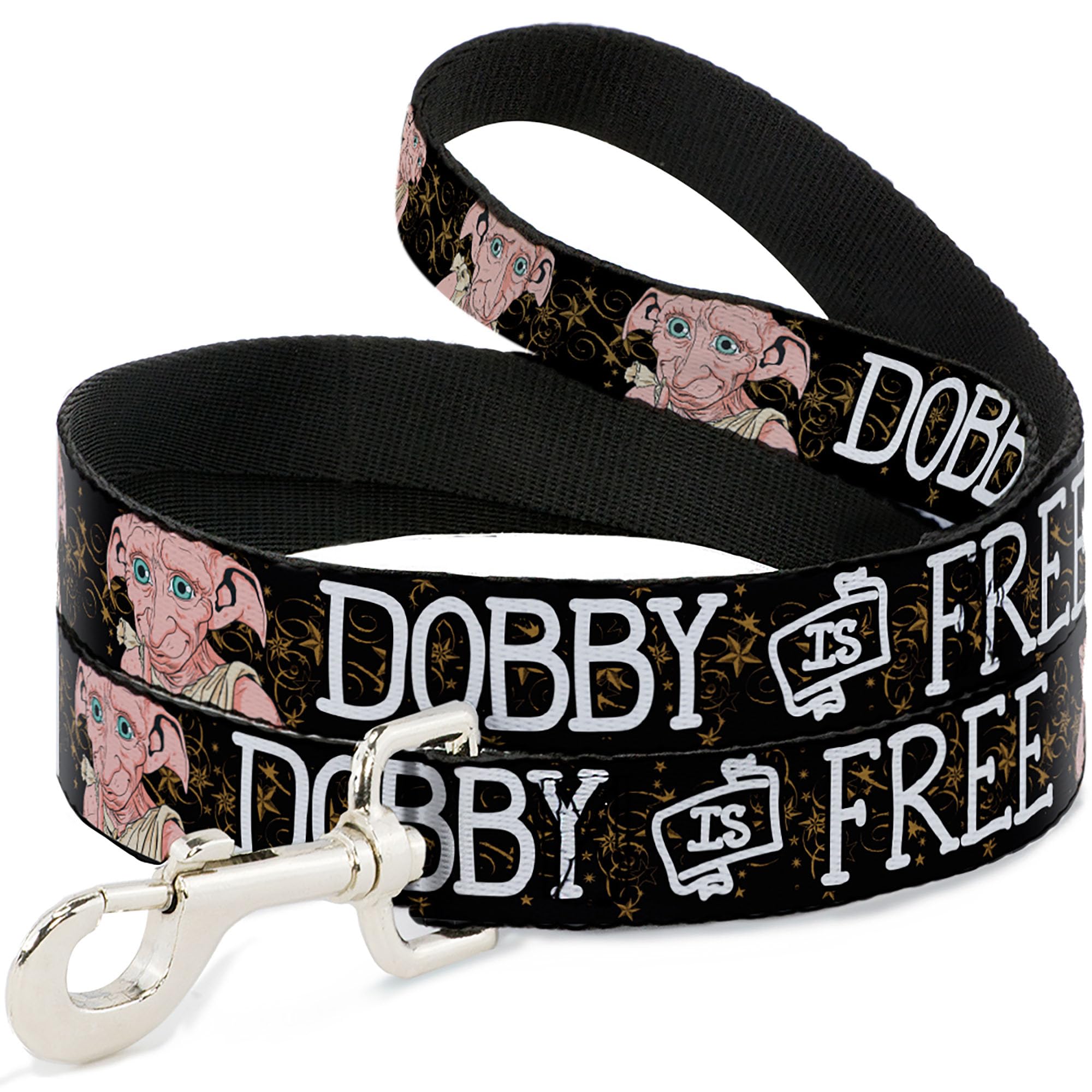 Warner Bros. Pet Leash, Dog Leash, Dobby is Free 3 Dobby Poses Star Swirls Black Gold White, 4 Feet Long 0.5 Inch Wide