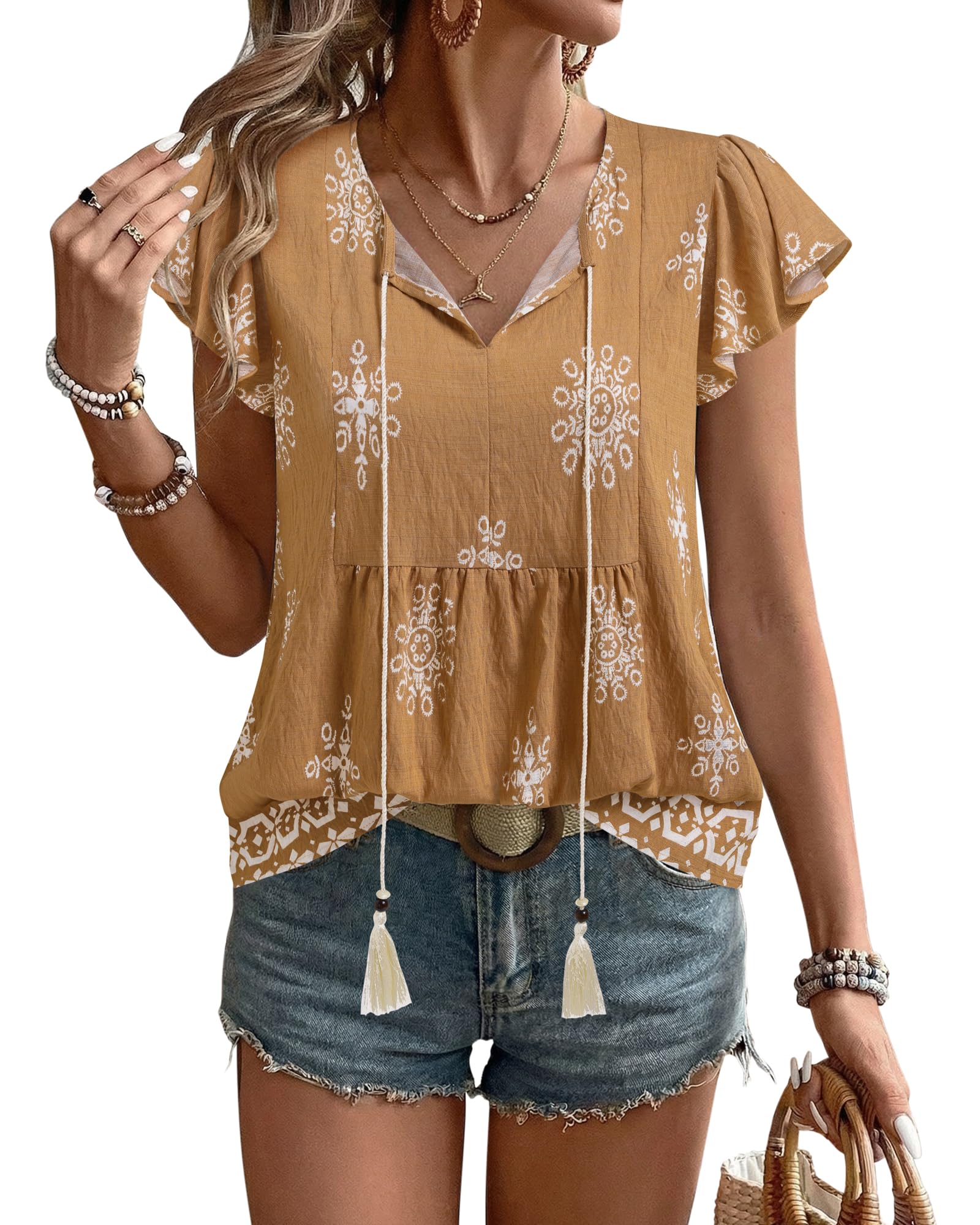 Gaharu Bluse Damen Elegant V-Ausschnitt Blumenmuster Oberteile Kurzarm Sommer Casual Urlaub