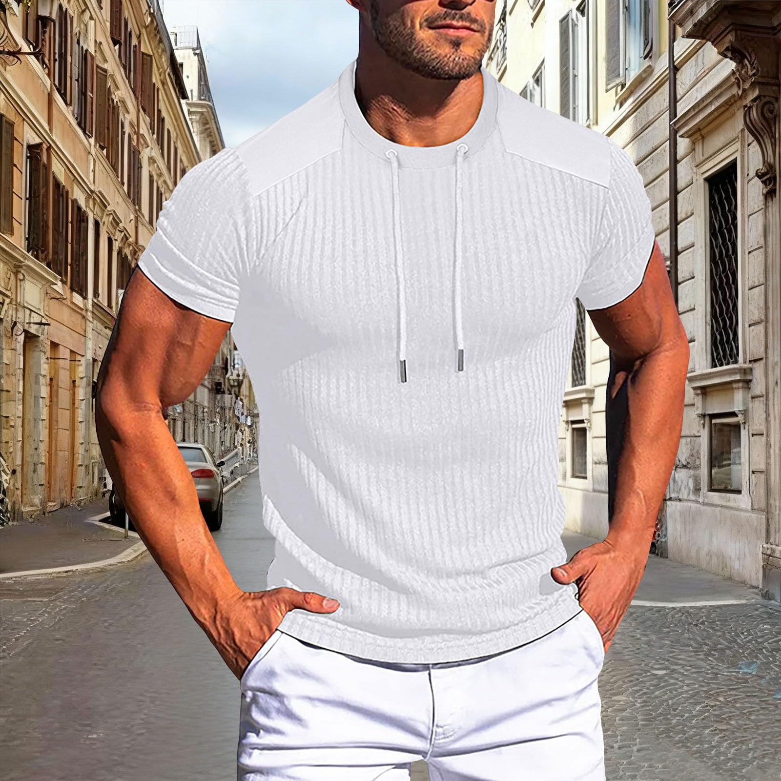 Generico Maglia Uomo Muscolare Maniche Corte Collo Tondo in Cotone A Costine, vestibilità Snella Indumento Sportivo per Allenamenti in Palestra