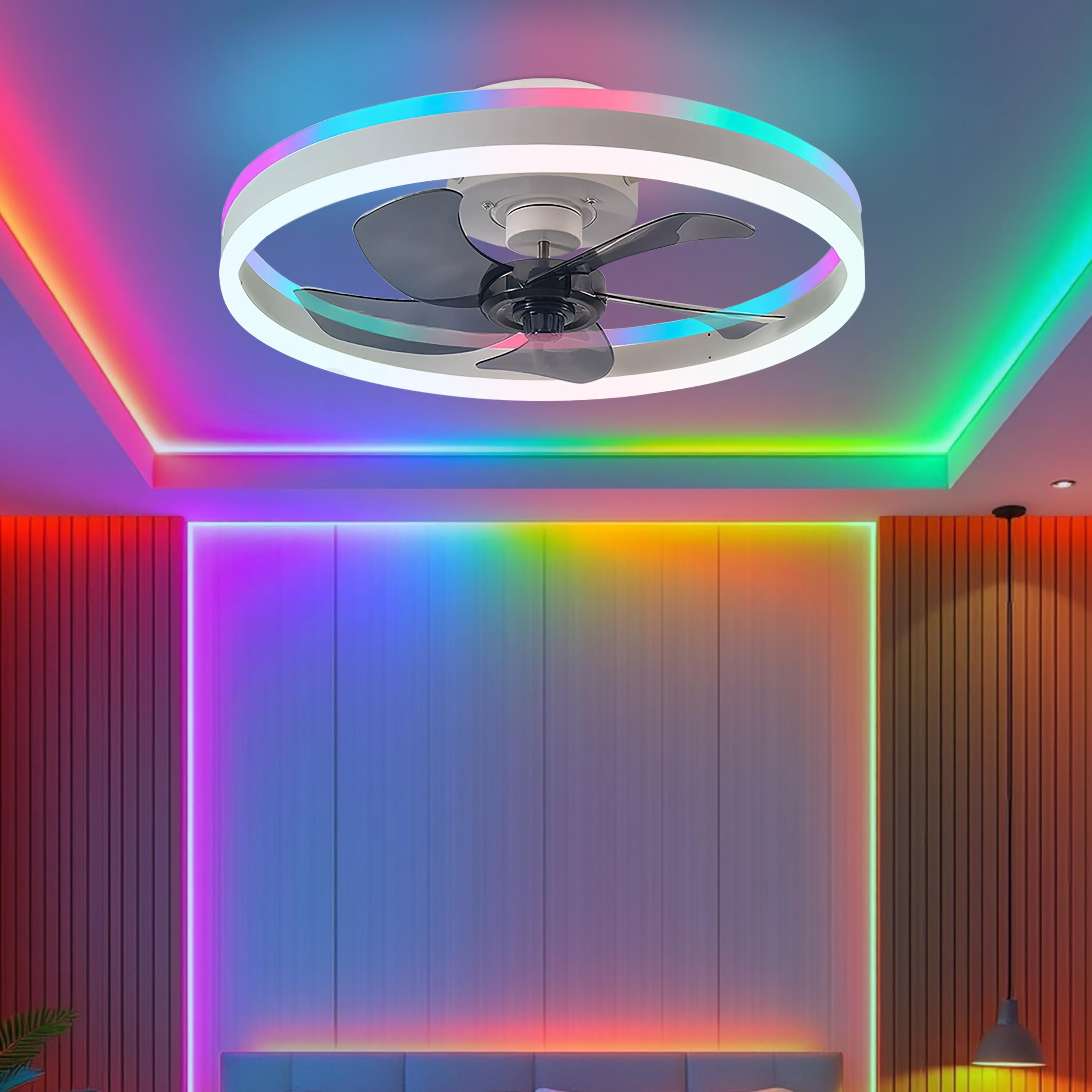 Exlafi Quiet Ceiling Fans with Lamp Remote Control, Modern Lighting Fan Ceiling Light LED 58W Dimmable Ceiling Fan Lights for Bedroom Living Room, Fan Reversible and 6 Speeds, White 50CM-RGB