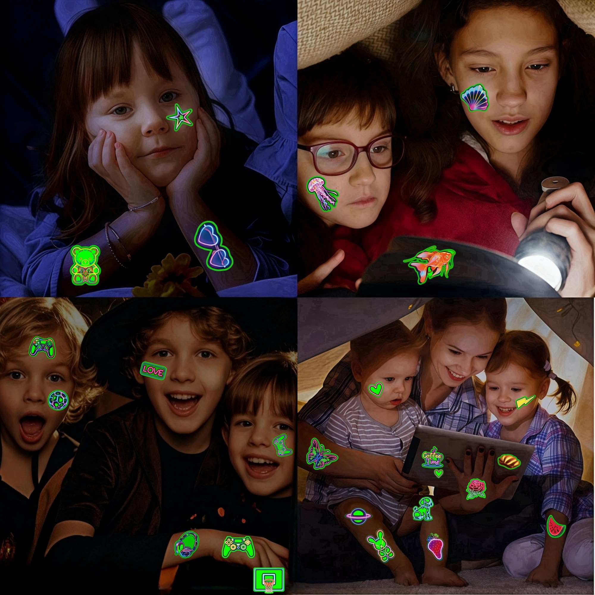 Tattoos for Kids,10 Sheets Temporary Tattoos Party Bags Fillers for Kids Neon Party Accessories Glow in The Dark Tattoos Toys for 3 4 5 6 7 8 9 10 11 12 Year Old Girls Gifts Halloween Decorations - Image 2