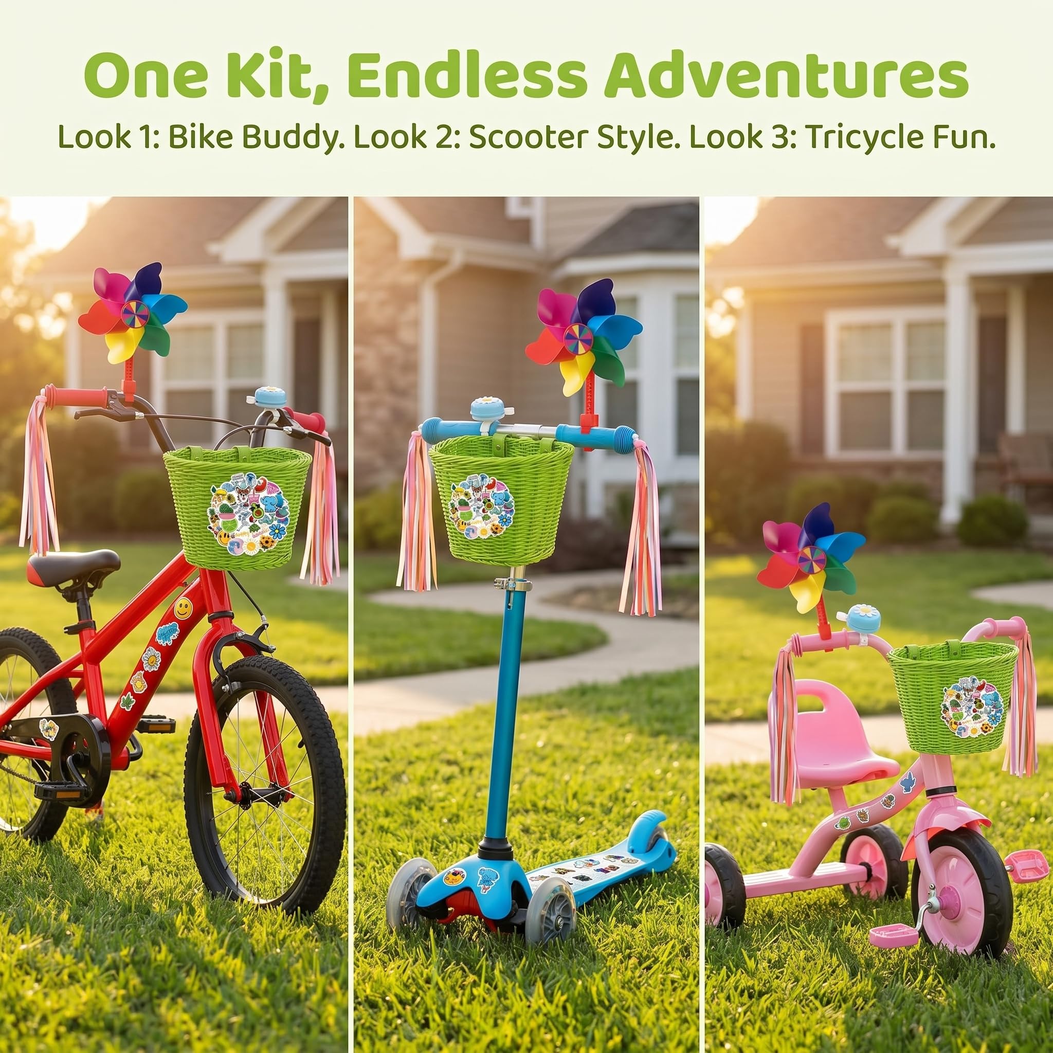 Panier de vélo avant pour enfants, accessoires de vélo pour filles et garçons, panier de vélo tissé avec autocollants, sonnette de vélo, moulin à vent et 1 paire de rubans colorés (panier vert)