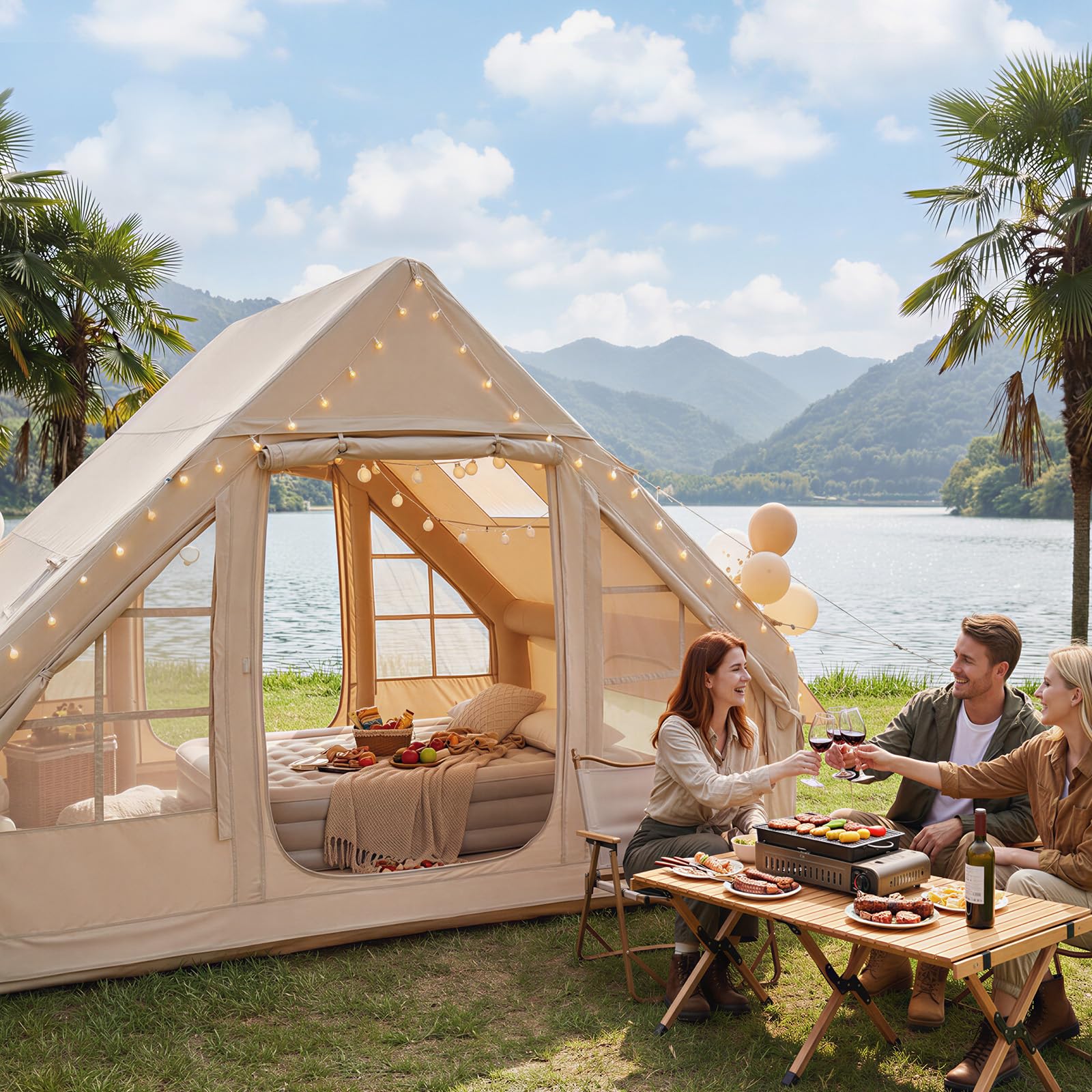 Aoxun Aufblasbares Zelt mit Pumpe für 4-8 Personen, 300×210cm winterfestes Aufblasbares Campingzelt mit Ofenloch für 4 Jahreszeiten, geräumiges Luftzelt für Glamping & Outdoor