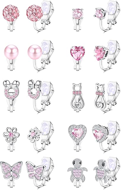YADOCA 10 Pairs Clip on Earrings for Women Girls Kids Cubic Zirconia Star Heart Rainbow Cat Flower Butterfly Non Pierced Earrings Hypoallergenic Clip Earrings Set