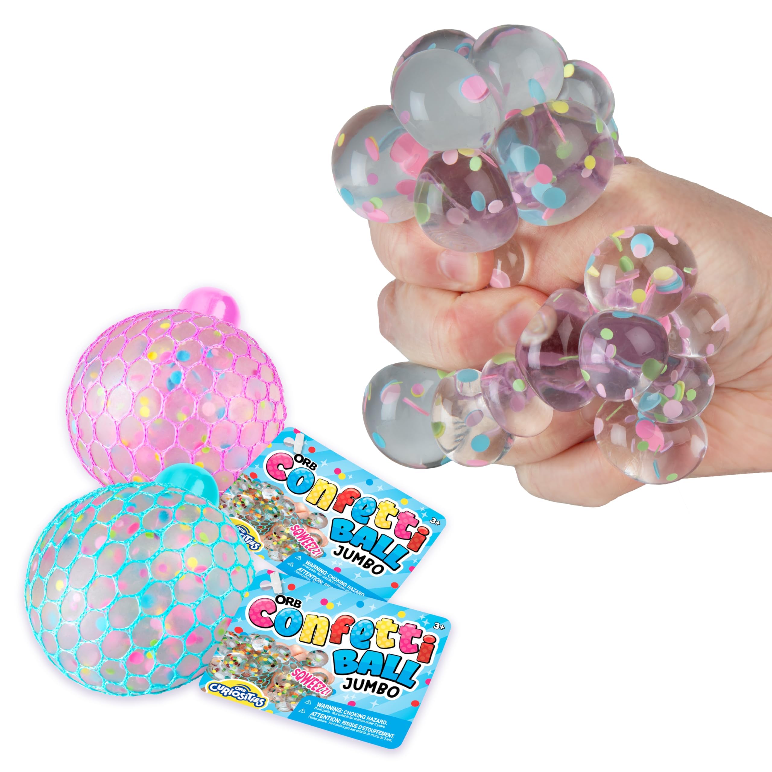 ORB Curiosities Confetti Ball Jumbo 2 Pack - Squish and Squeeze Confetti Net Balls to Feel the Filling Pop Through the Mesh Netting and Create a New, Sparkly Sensory Toy Experience For Kids and Adults