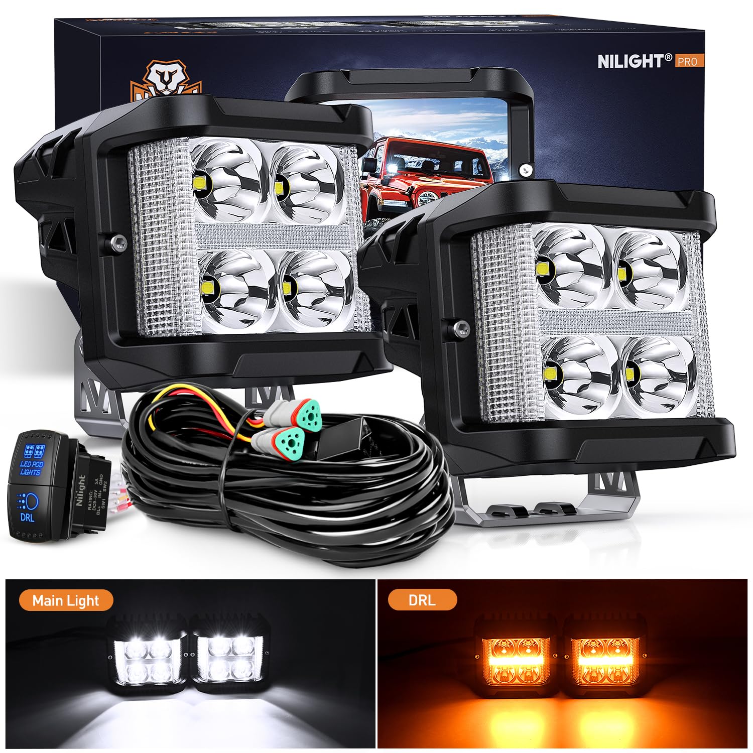 Nilight 4 Inch 26 W Side Shooter LED Light Pods with Amber DRL