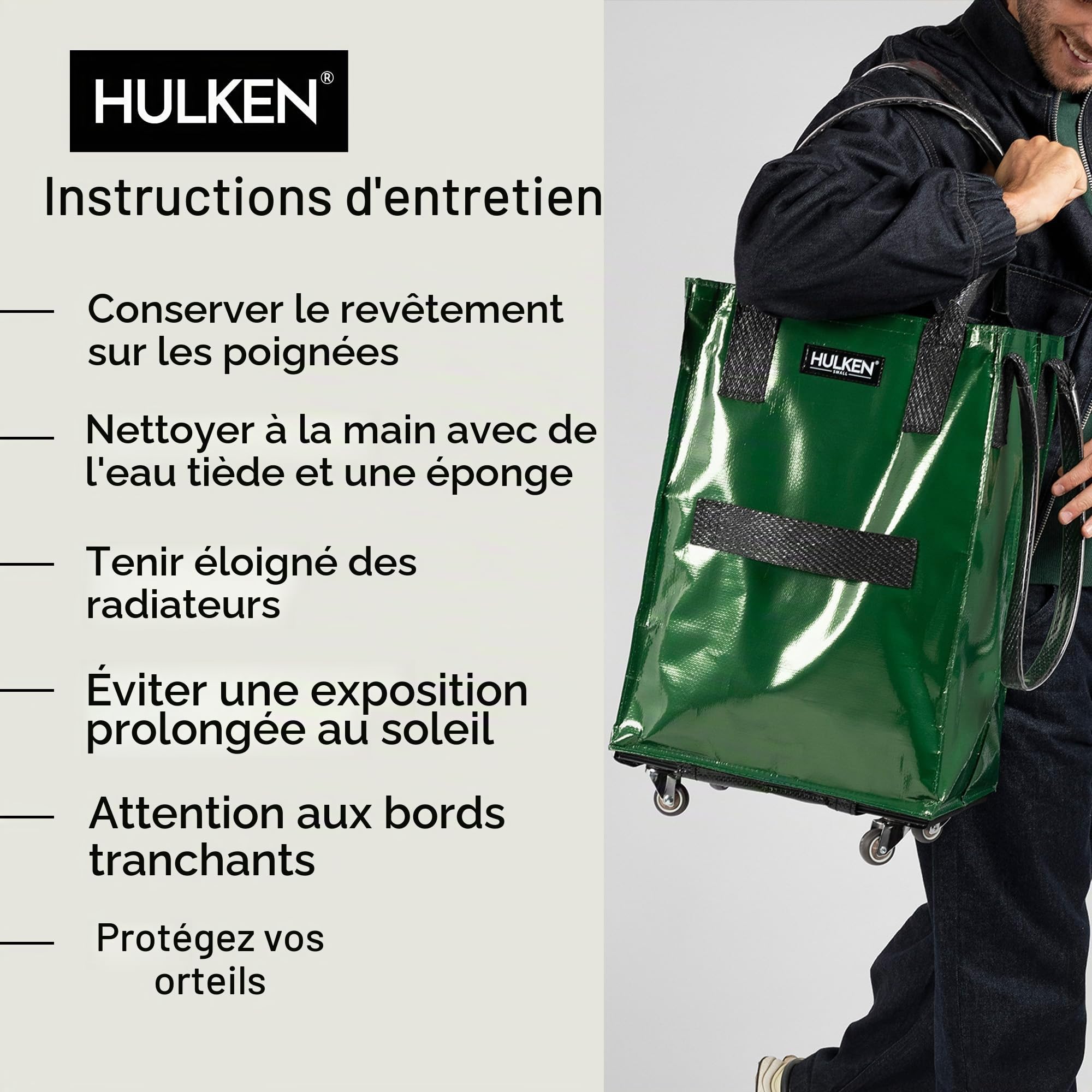 HULKEN - Sac d'épicerie réutilisable sur roulettes, chariot de courses, sac à roulettes, fermeture éclair, léger, peut transporter jusqu'à 30 kg, se replie à plat, poignées incassables