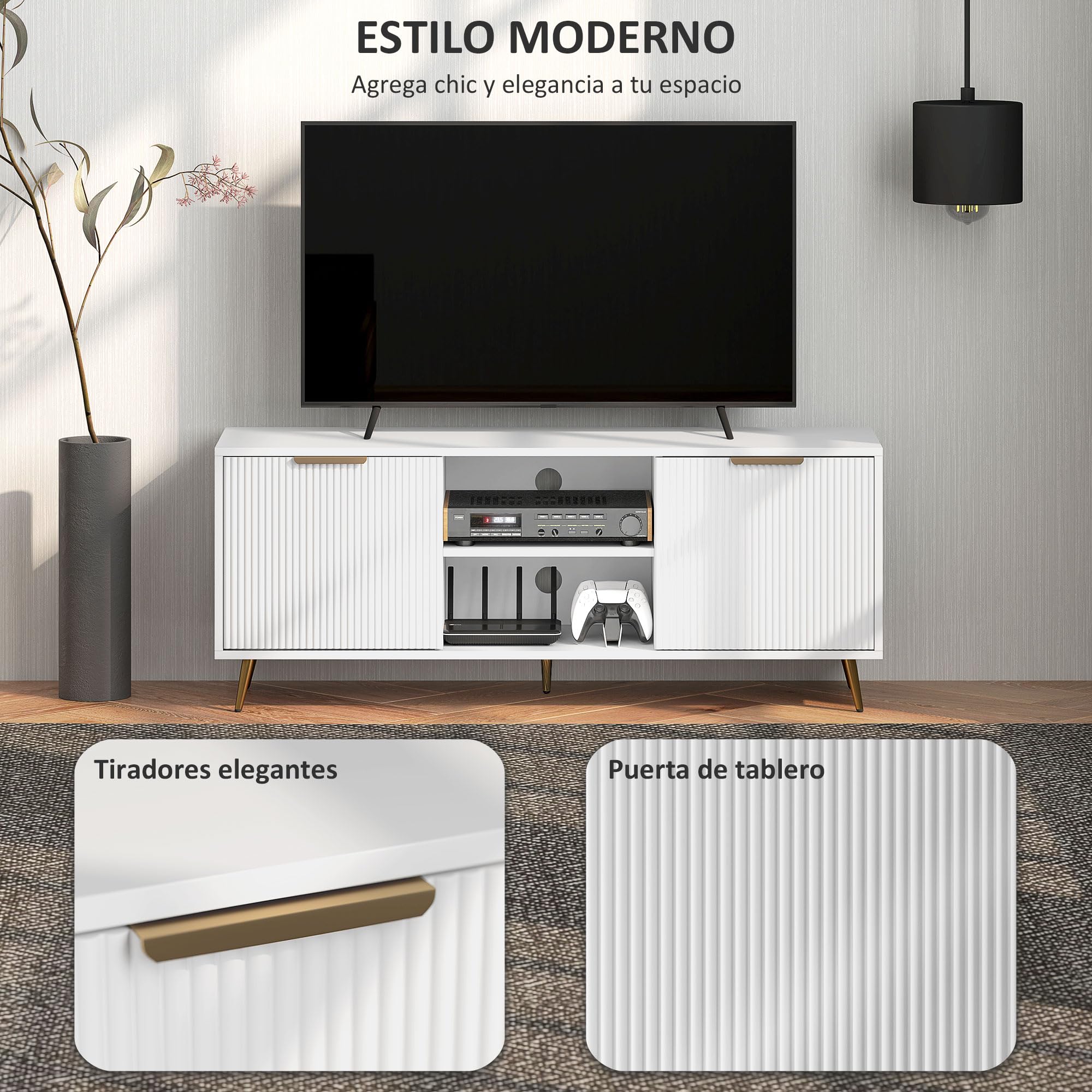 HOMCOM Mueble de TV Moderno para Salón 55 Pulgadas 120x35x48 cm Blanco | 2 Compartimentos Abiertos, 2 Puertas, Mueble para Televisión