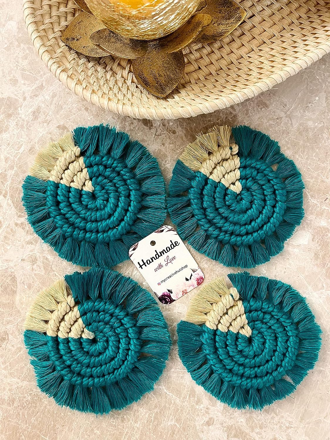 My Creative Hut Macrame Set of 4 Round Coasters Bohemian Style, Handmade, More Absorbent, Traditional, Diwali Gifting, Multipurpose, Big Size (Teal Beige, Set of 4)