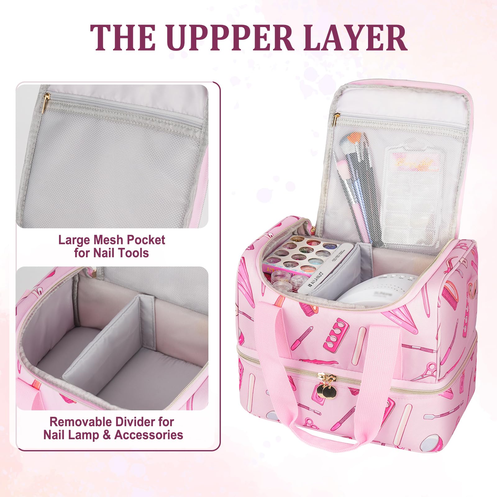 Nail Polish Organizer Case, Double Layers Nail Organizers and Storage, Holds 40 Bottles Gel Nail Polish&Nail Lamp - Image 3