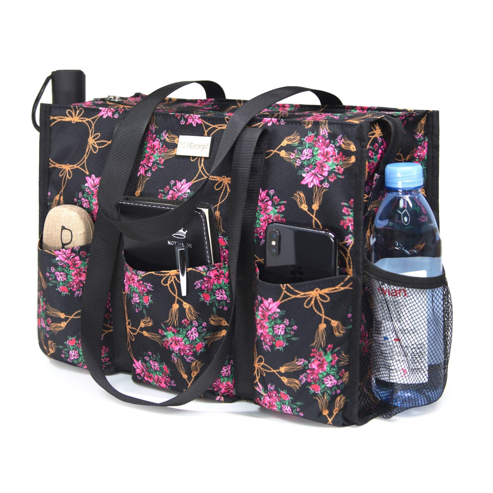 TOPDesign Utility Water Resistant Tote Bag with 13 Pockets, Zipper Closure