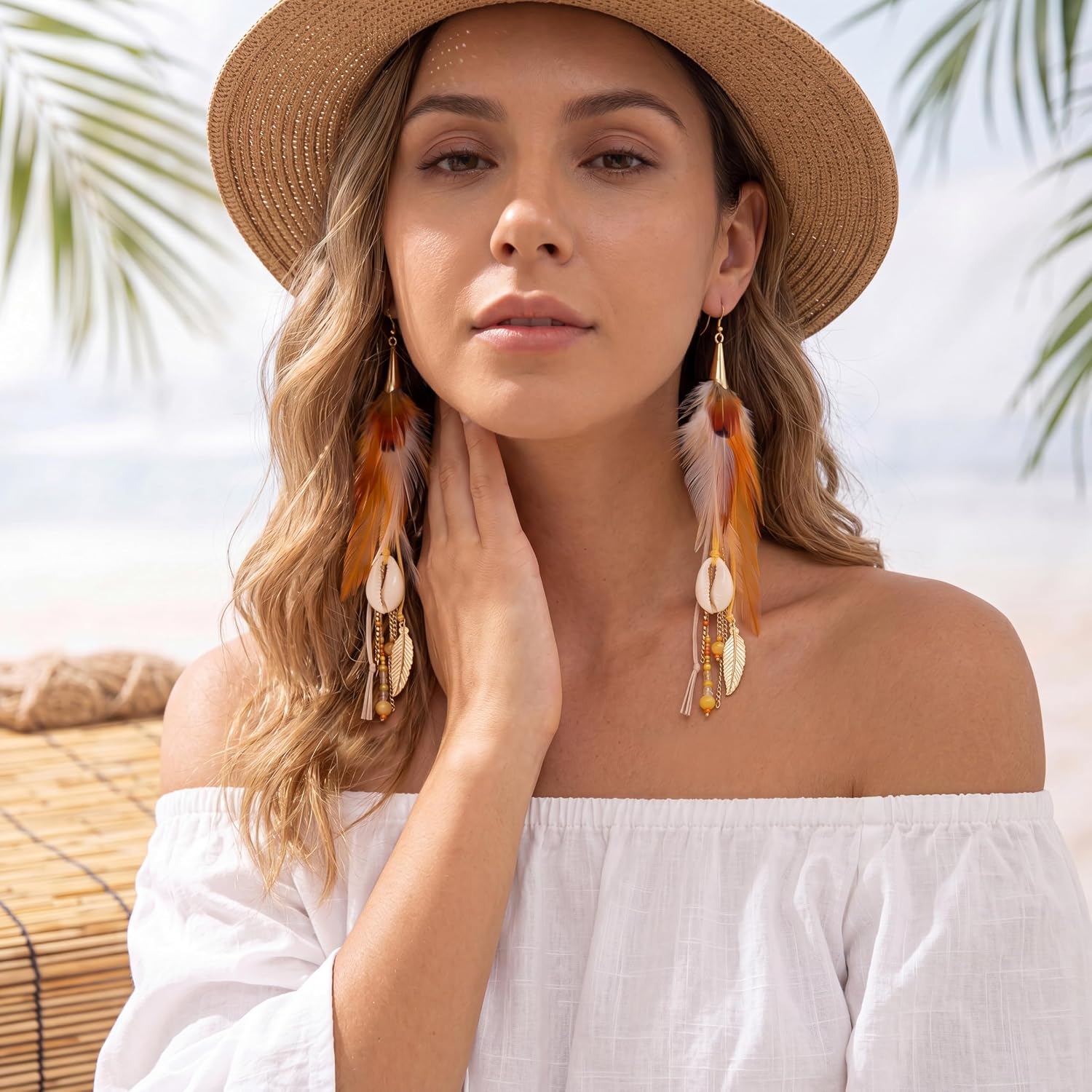 Boho Feather Dangle Earrings for Women With Shell Beads Long Tassel Design Drop Earrings image 3