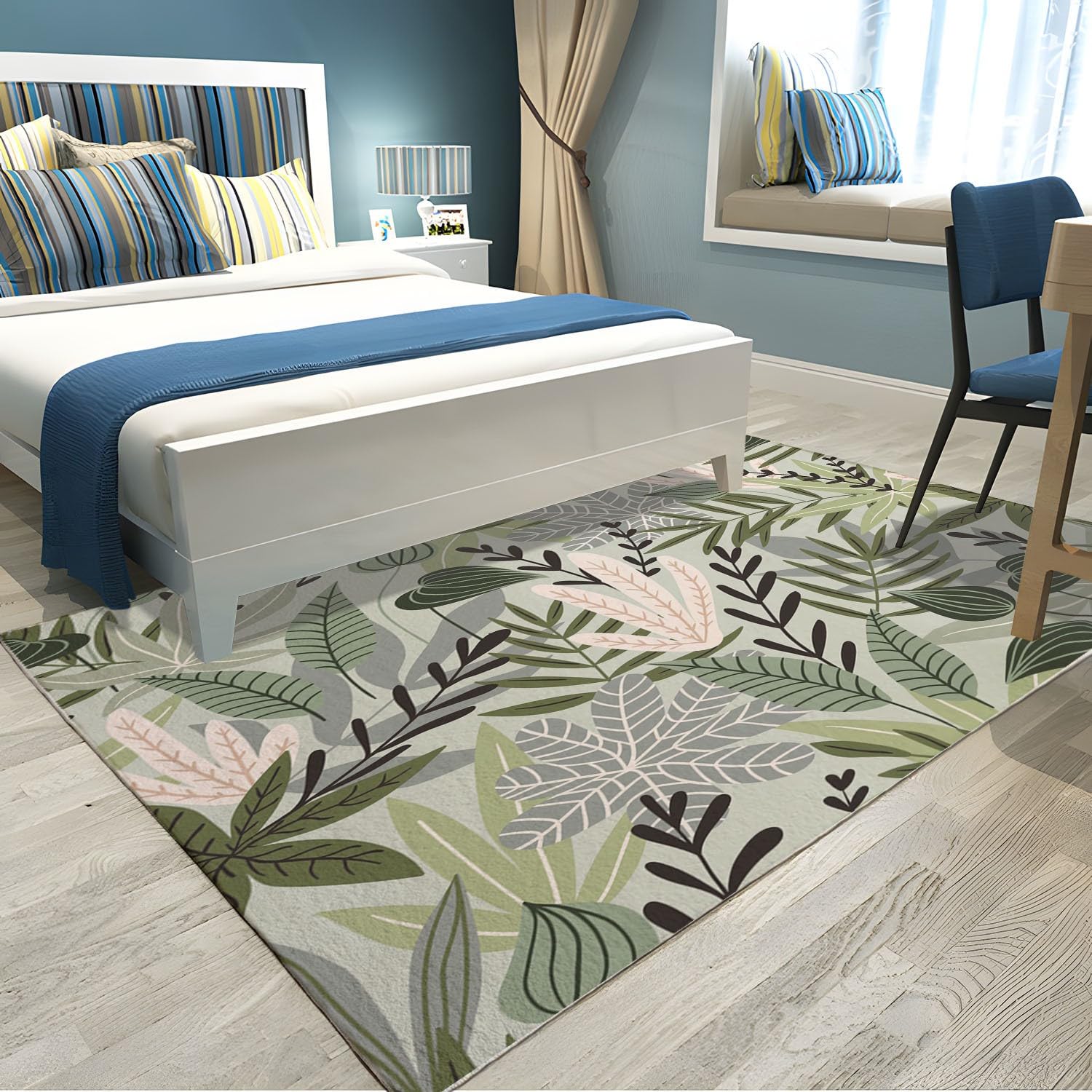Grand Tapis Douce à Poils Courts pour Salon, Chambre à Coucher 160x230cm, Tapis Impression de Feuilles de Plantes Antidérapant Lavable Tapis Vert Sauge Antifouling, Chambre d'enfants Décoratif