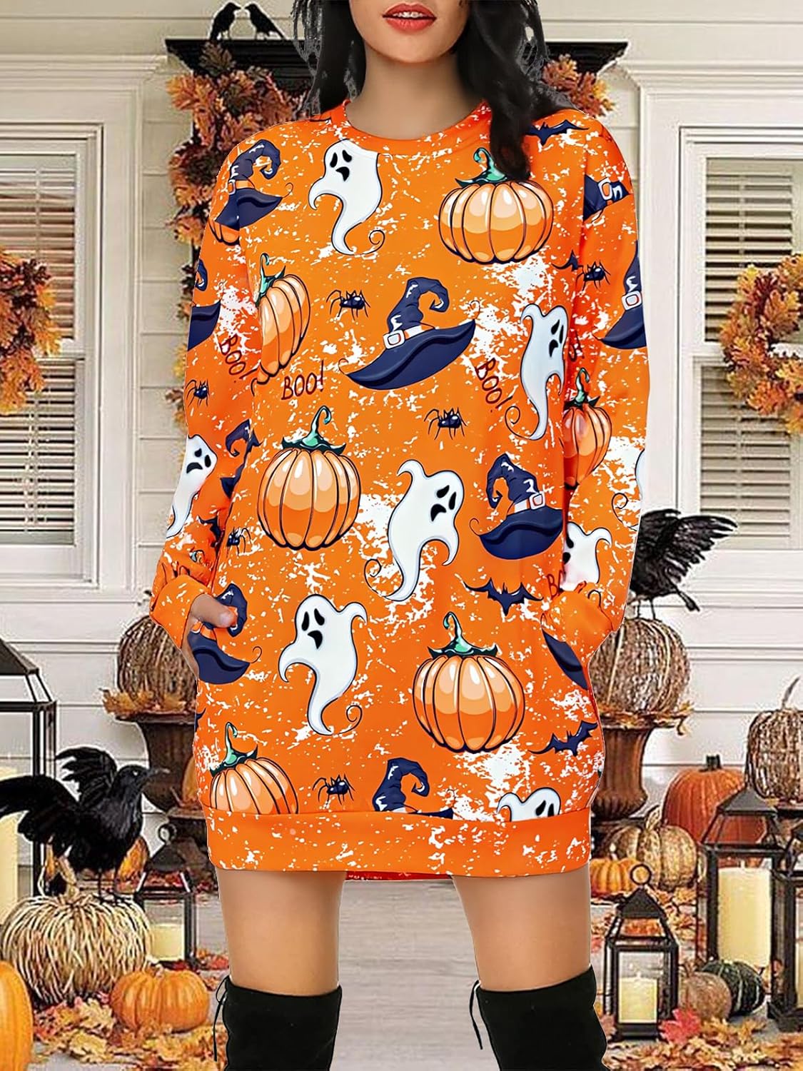 JINTING Women Halloween Sweatshirt Pumpkin Cat Long Sleeve Funny Doddle Graphic Printed Pullover Dress Fall Shirt Tops - Image 2