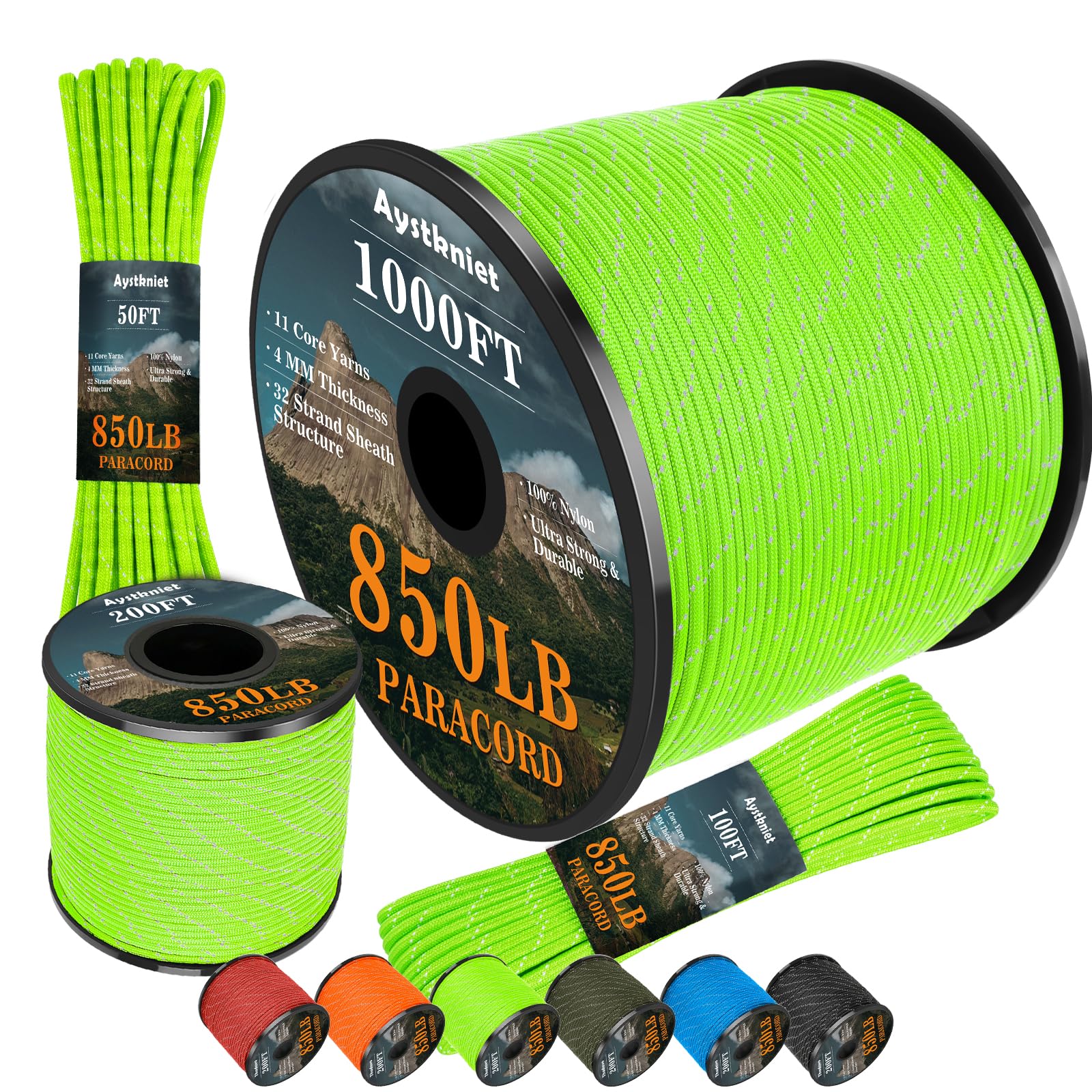 Aystkniet Reflective Paracord 850Ib, 4MM Rope, 11 Strands Outdoor Para Cord, Utility Parachute Cord Tactical Cord for Camping Hiking Survival Crafting DIY, 30M Neon Green