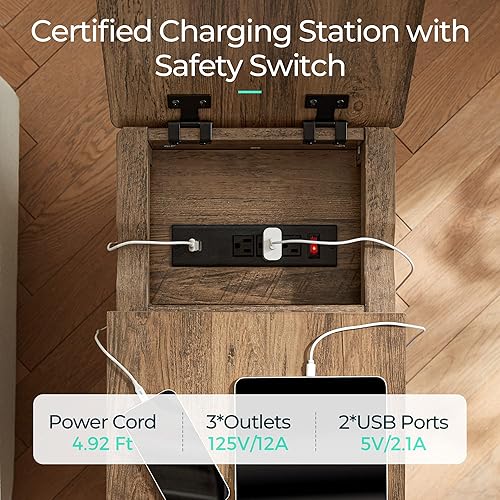 Miniatura 8 de LINSY HOME Mesa auxiliar de granja con estación de carga, mesa auxiliar estrecha para sala de estar, mesa auxiliar de sofá con cajón y armario de