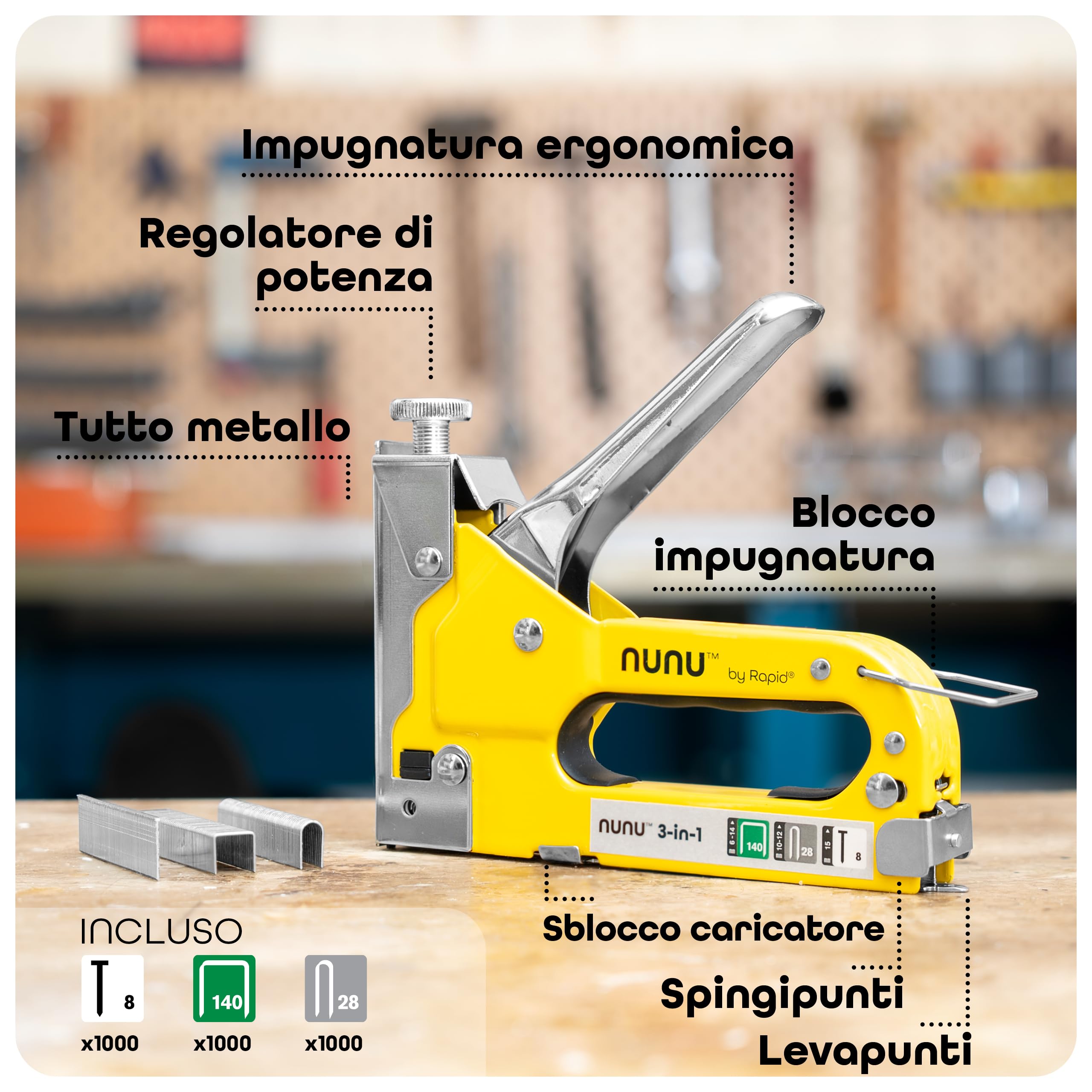 Rapid NUNU Pistola Sparapunti 3 in 1 per Lavori su Legno, Tappezzeria, Tappeti e Cavi, con Potenza Regolabile e Design Ergonomico, include 3.000 Punti Metallici e Borchie