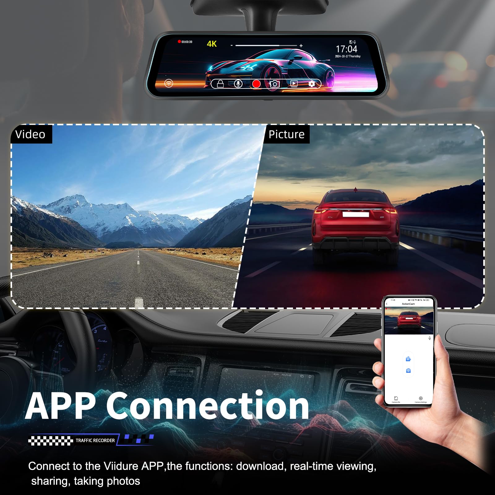 9.66‘’ 4K+1080P Dashcam Rétroviseur Wi-FI et Contrôle par Application,Carte TF 64 Go, Détection de Gravité, Surveillance du Stationnement, Assistance à la Marche Arrière, Enregistrement en Boucle