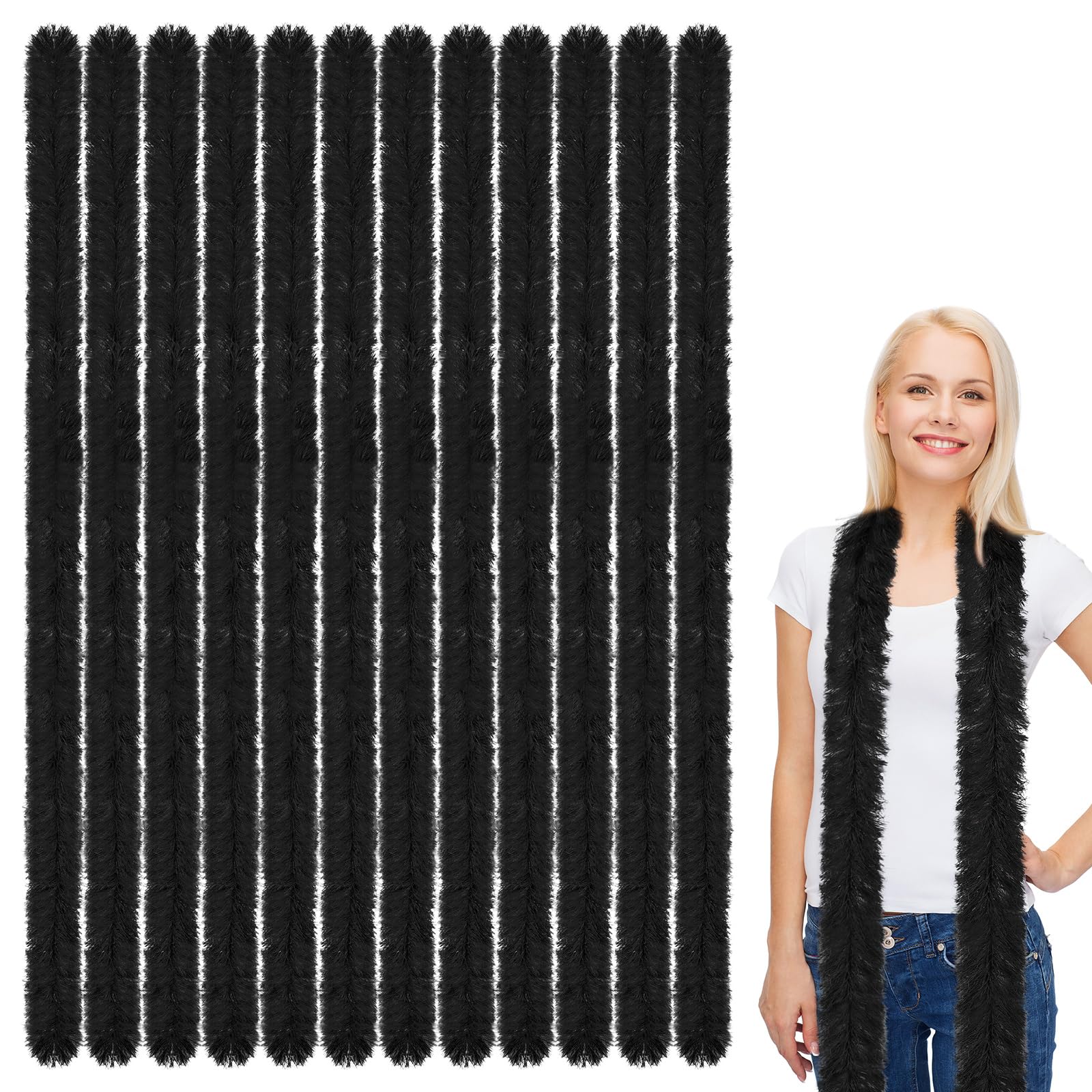 Xtinmee 12 Pcs 5 ft Feather Boas Artificial Fluffy Boas Decoration Feather Scarf for Women Girl Halloween Tea Party, Black, approx. 5 ft/ 150 cm in length