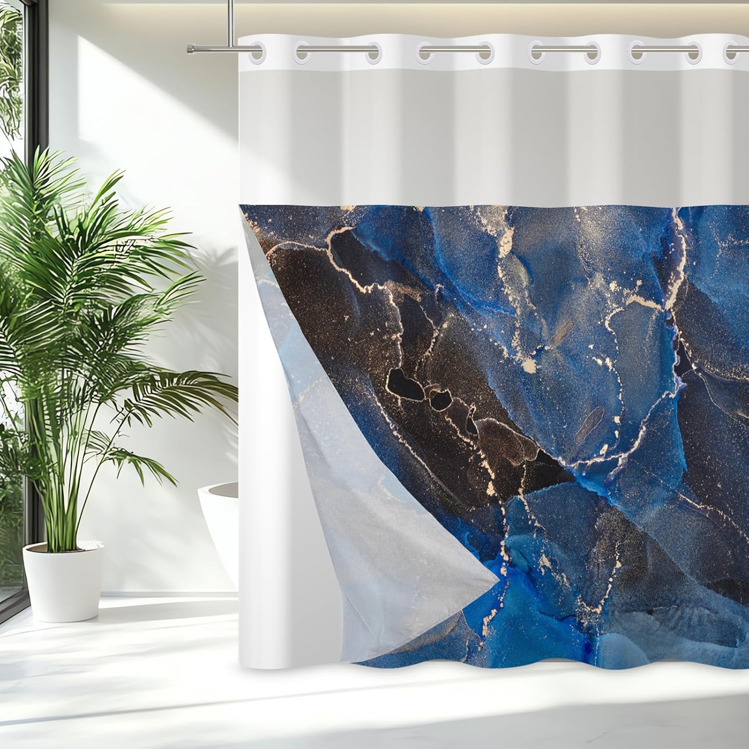 71x71 Inch Without Hook Marble Shower Curtain and Liner Set Brown Blue Watercolor Snap in Shower Curtains for Bathroom Pretty Fancy Polyester Fabric Bathroom Set