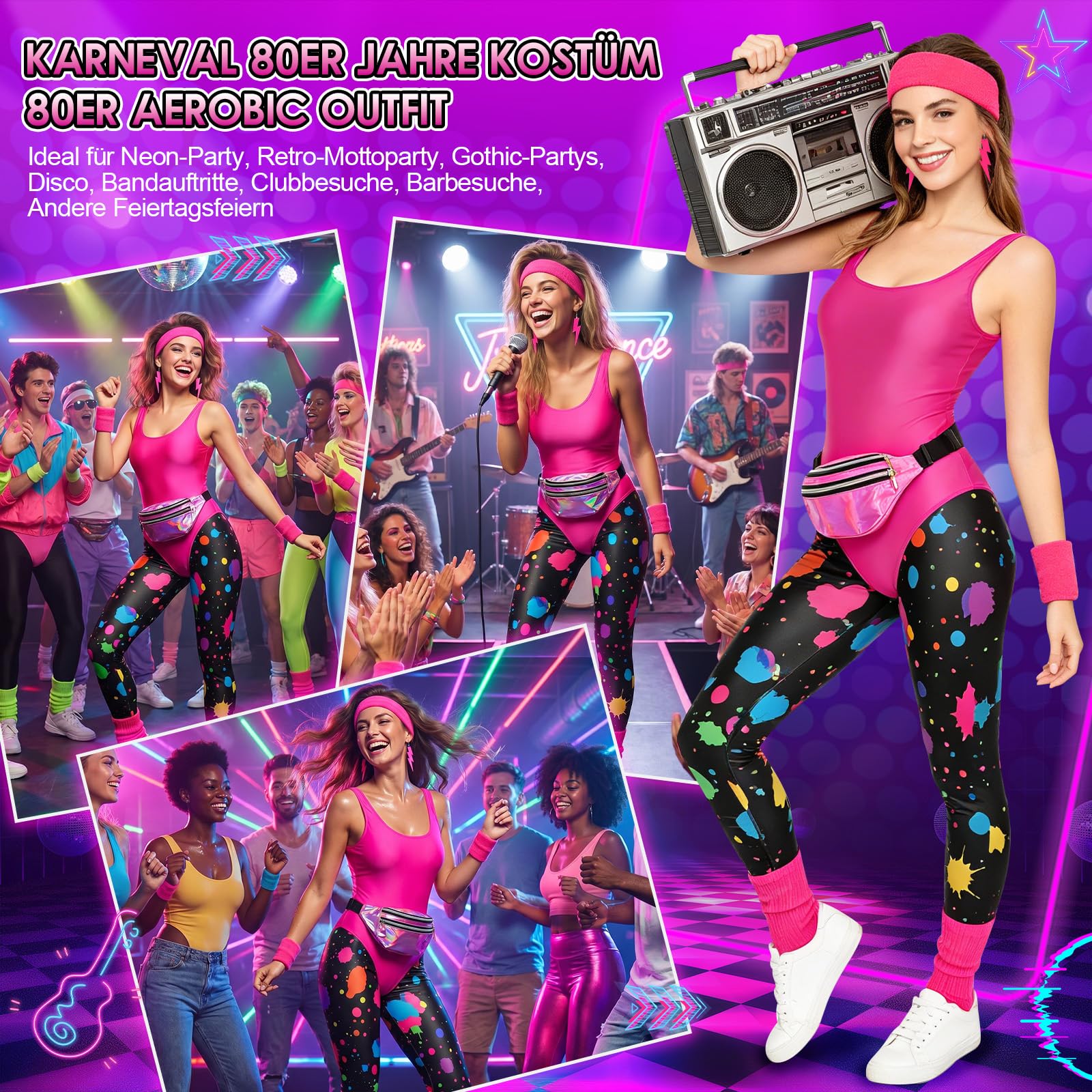 80er Jahre Outfit Damen Set 80er Jahre Kleidung Kostüm Mottoparty Retro Outfit 80er Jahre Workout Kostüm 80er Kleidung Accessoires 80 Aerobic Outfit Damen 80er Aerobic Kostüm 80 90er Sport Outfit, L