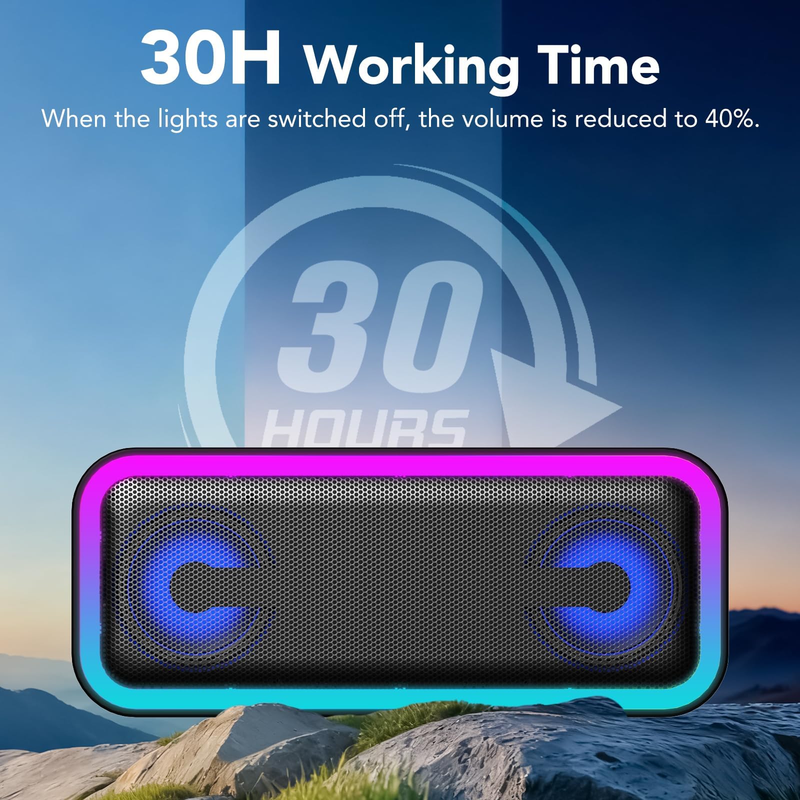 Altavoz Bluetooth Portátil Potente 40W, Altavoces Bluetooth 5.4 con Emparejamiento TWS,7 Cambios RGB, 30 H Reproducción, Impermeable IPX7, Speaker de Exterior para Viajes/Deportes/Fiestas/Ciclismo