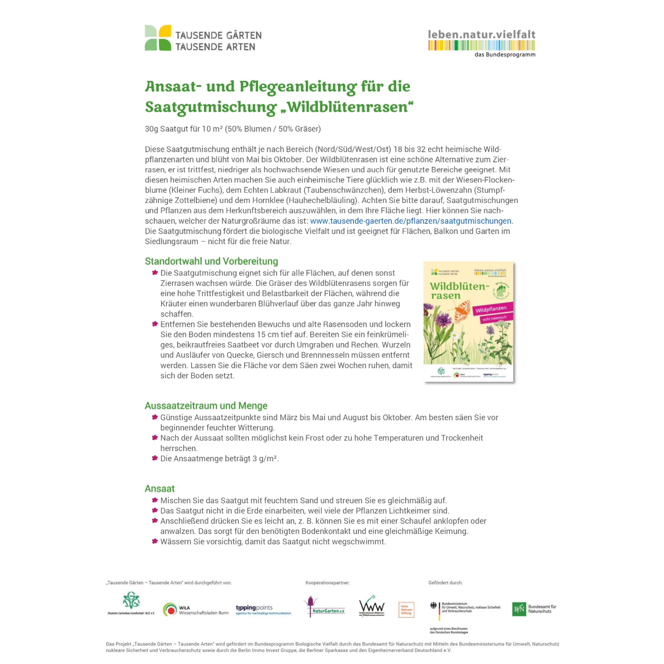 Wildblütenrasen | Alternative zu Zierrasen | Saatgut mit 18 heimischen Wildpflanzenarten (50% Blumen / 50% Gräser) | Blütezeit: Mai - Okt. | trittfest | Projekt "Tausende Gärten – Tausende Arten" (5)
