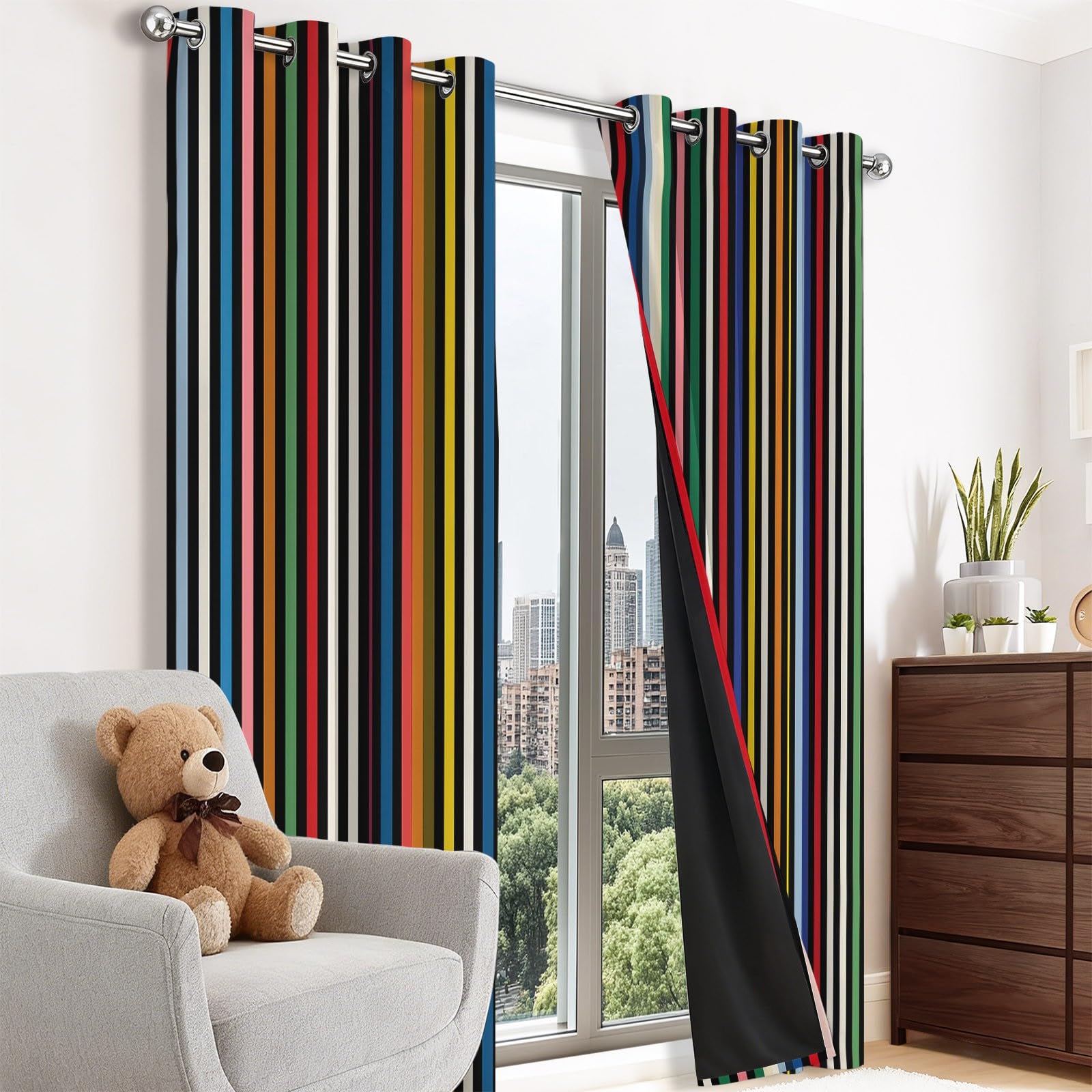 Verdunklungsvorhänge B75 x H166 cm 2er Set, Klassisch Modisch Streifen Vorhang Blickdicht mit Ösen, Vorhänge Wohnzimmer Thermovorhänge Sichtschutz Gardinen für Schlafzimmer, Bunt
