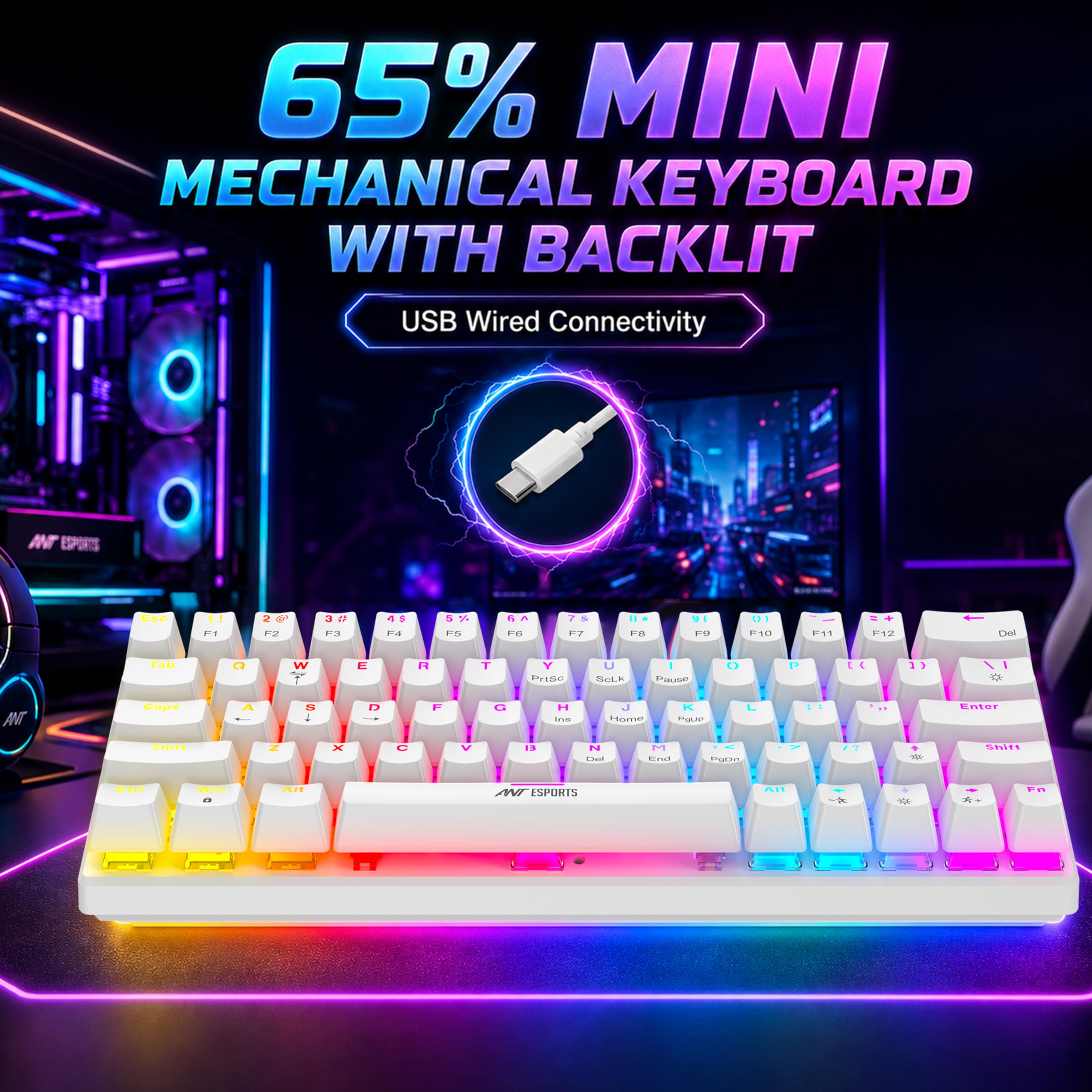 Ant Esports MK1200 Mini 60% Wired Mechanical Gaming Keyboard – Red Switch, Rainbow Backlit, 61 Keys, Anti-Ghosting, USB, Compact TKL – Compatible with Windows, macOS, PS5, Xbox, Laptop & PC (White) — Amazon image 3