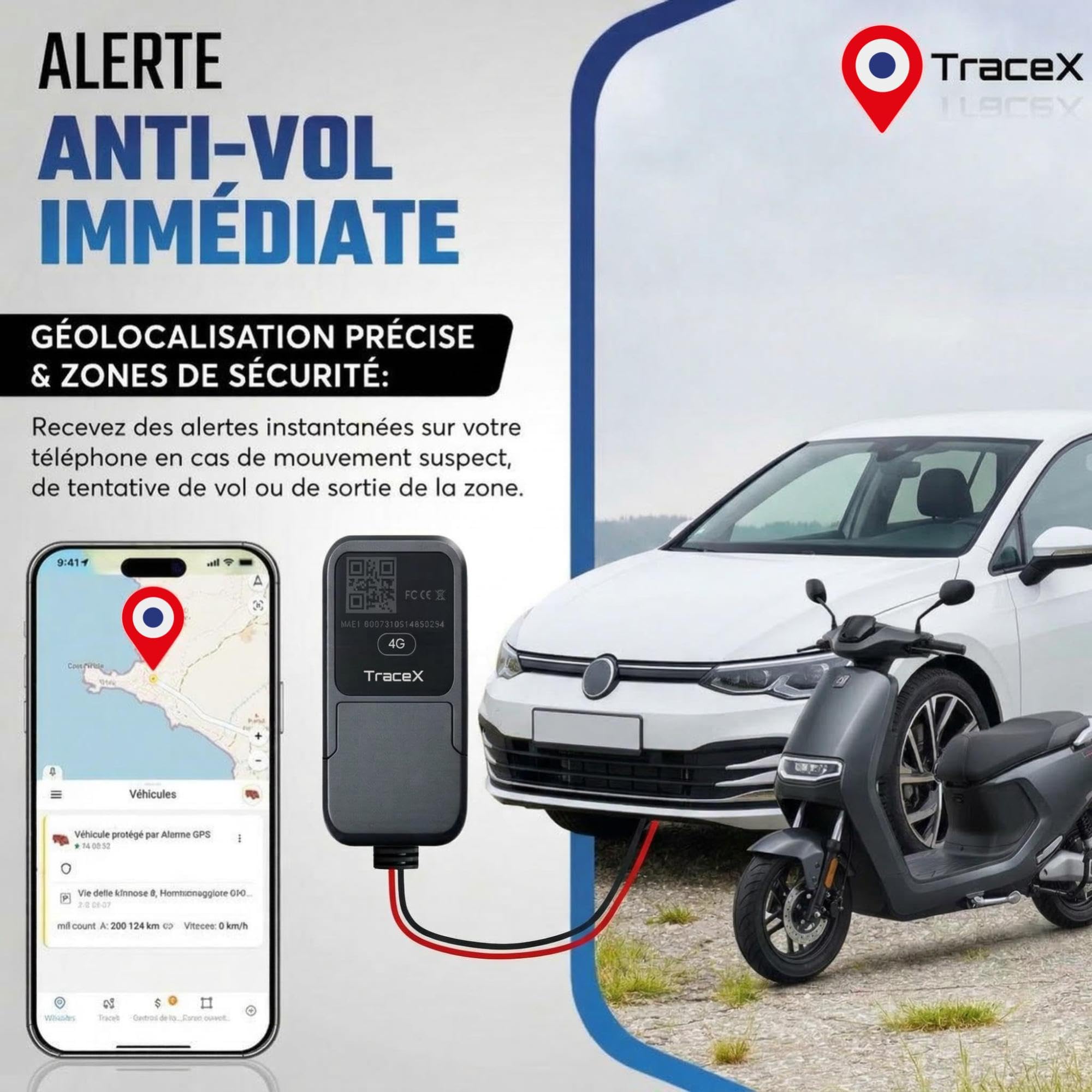 Traceur GPS Voitures et Motos – sans Frais mensuels, sans Recharge – App Mobile + abonnement 5 Ans Inclus – Tracker GPS véhicules, Scooter et Moto – Localisation en Temps réel & alertes