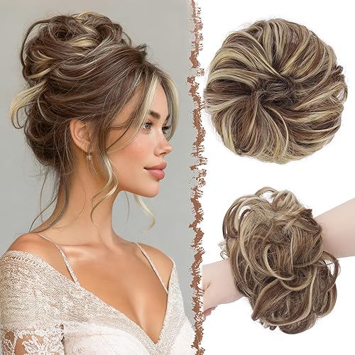 Miniatura 11 de FESHFEN - Extensiones de pelo rizado y desordenado para peinado, bandas elásticas con piezas de pelo sintético estilo moño, extensiones de cabello