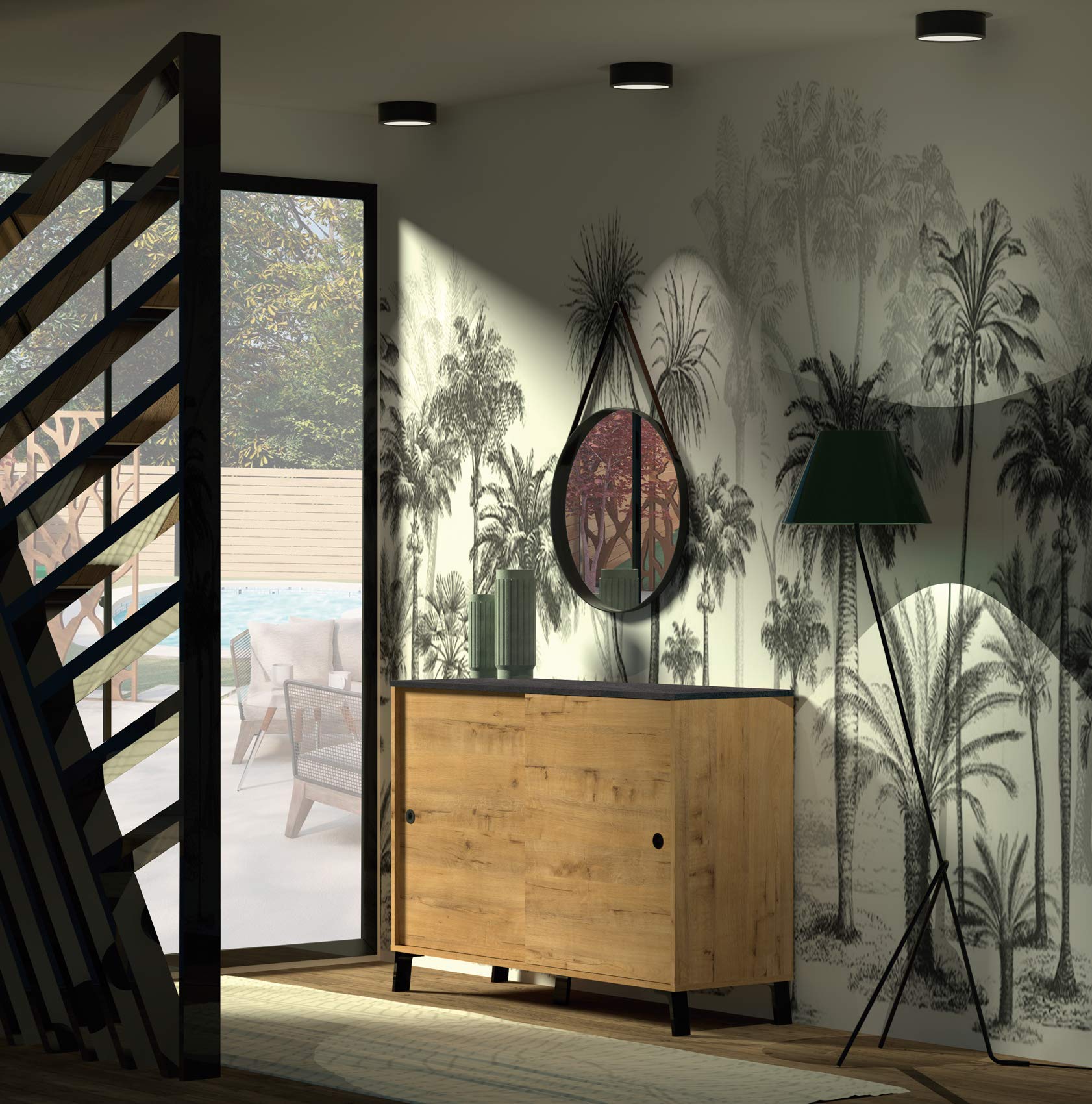 MUEBLES PITARCH Aparador Salón Comedor, Buffet, Mueble Auxiliar, 2 Puertas correderas, Roble Gold con Patas Negras, 87x120x40cm, Despensa, Cocina, Despacho, Recibidor Moderno Industrial, Modelo Kamet