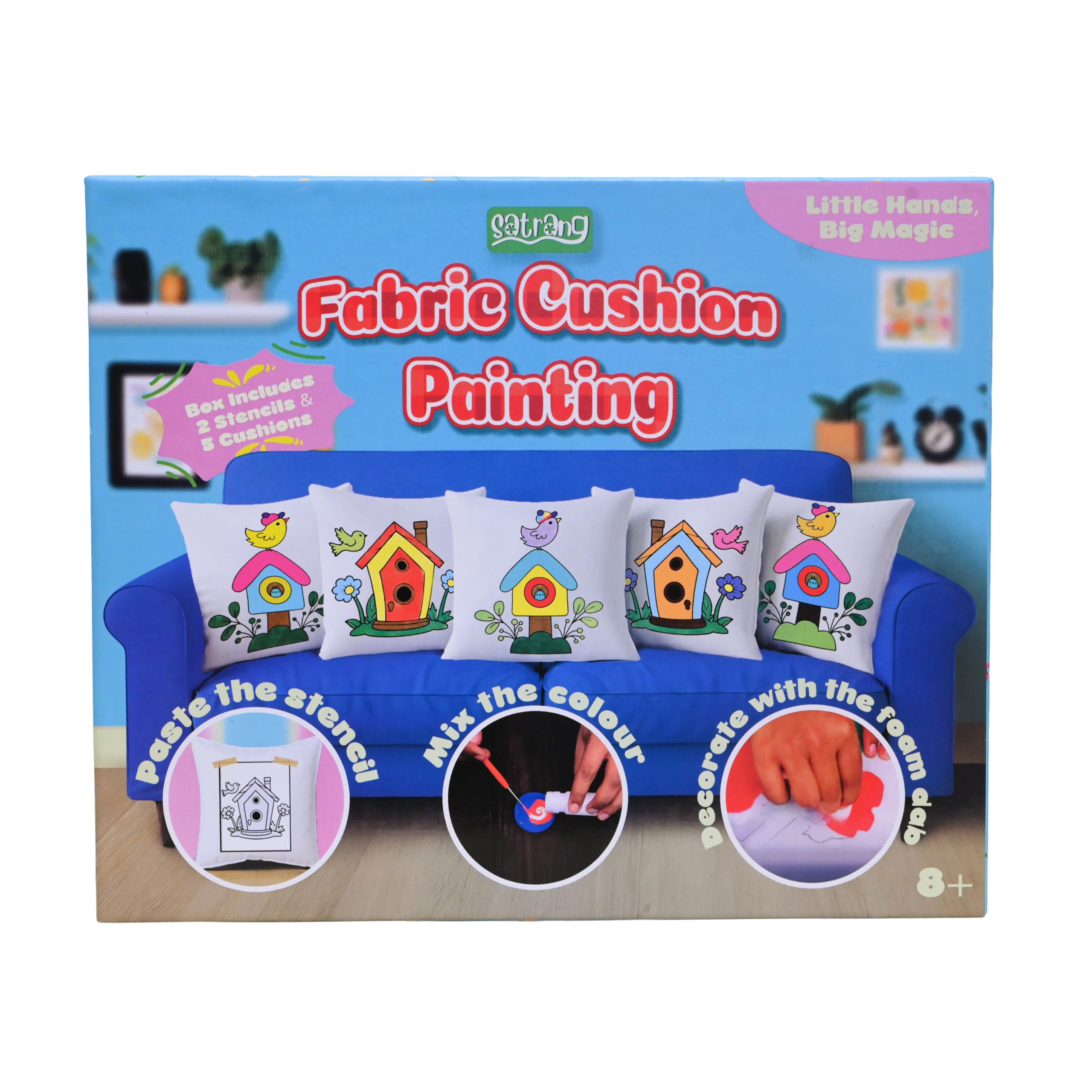 FOLKS WORK Satrang DIY Fabric Cushion Painting Kit, 5 Cushion Covers with Stencils and Colours, Age 8+-picture-12