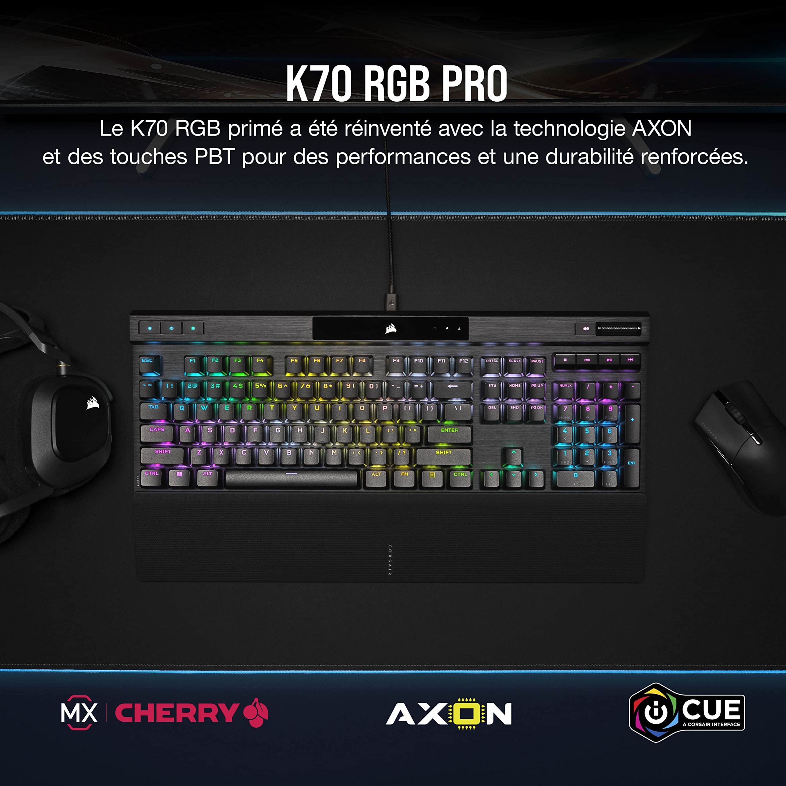 CORSAIR K70 RGB PRO Clavier de Jeu Mécanique Filaire – Interrupteurs Linéaires Cherry MX Red, SOCD, PBT Double-Shot Keycaps, 8000Hz Hyper-Polling, NKRO, Anti-Ghosting, Tournoi Switch, AZERTY FR – Noir