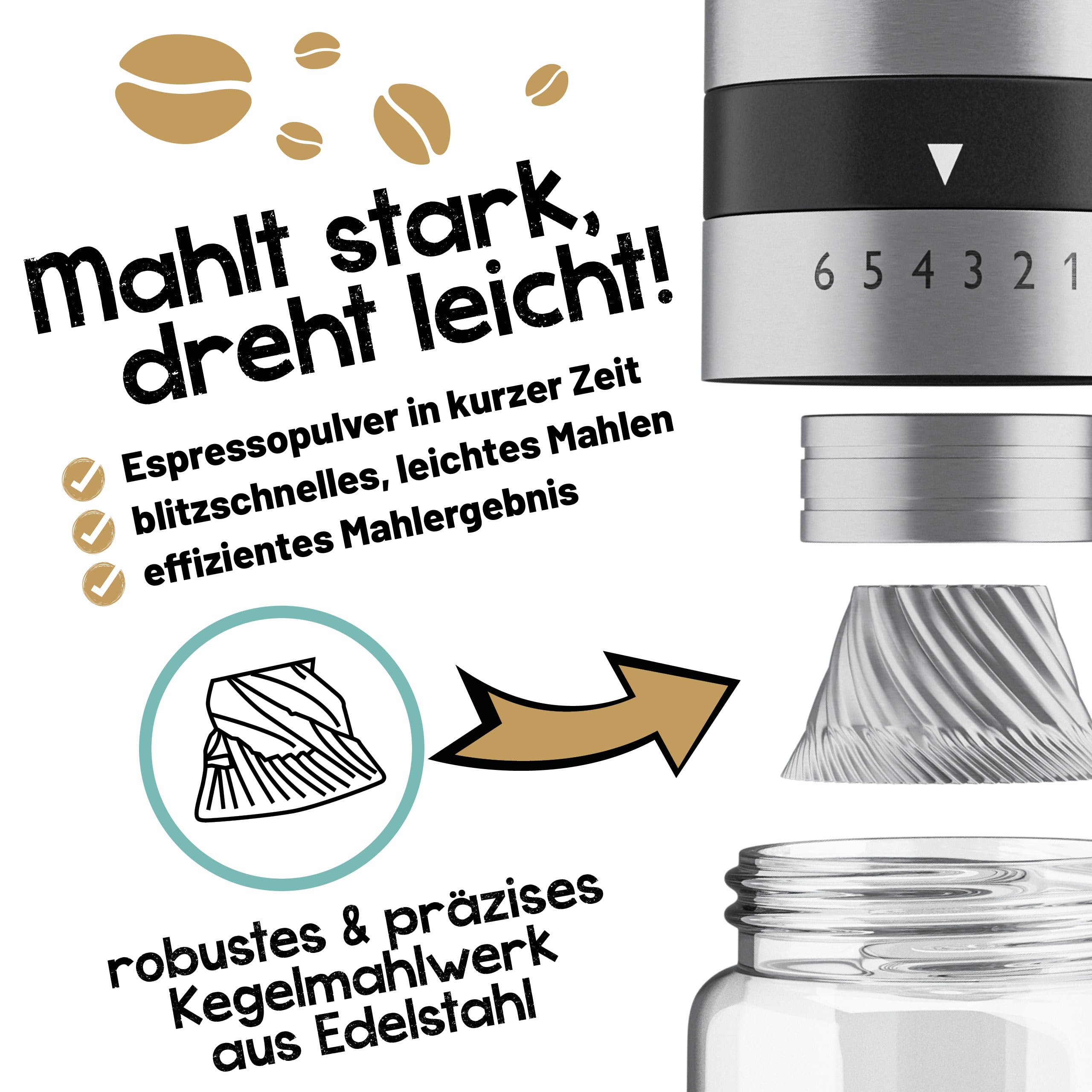Morgenheld Kaffeemühle manuell Edelstahl – Handmühle Espresso, 2 Gläser | Stufenlos von Espresso bis Cold Brew einstellbar, mit Geschenkbox – ideal für Zuhause, Reisen und Camping