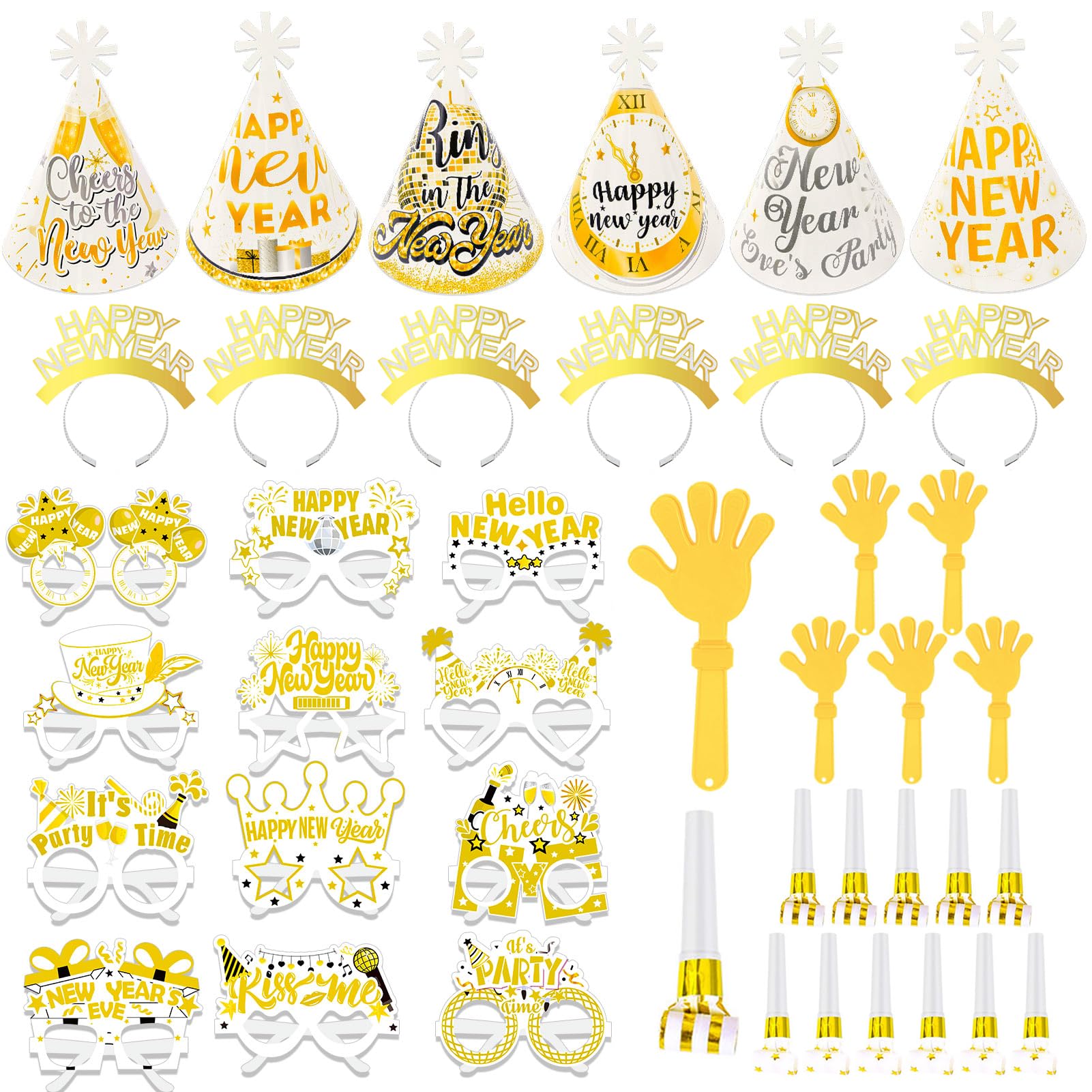HOWAF New Years Eve Decorations 2027 Accessories, Happy New Year Headband, Party Hats, Glasses, Hand Clappers, Party Blowers for NYE Party Decorations 2027, White Gold