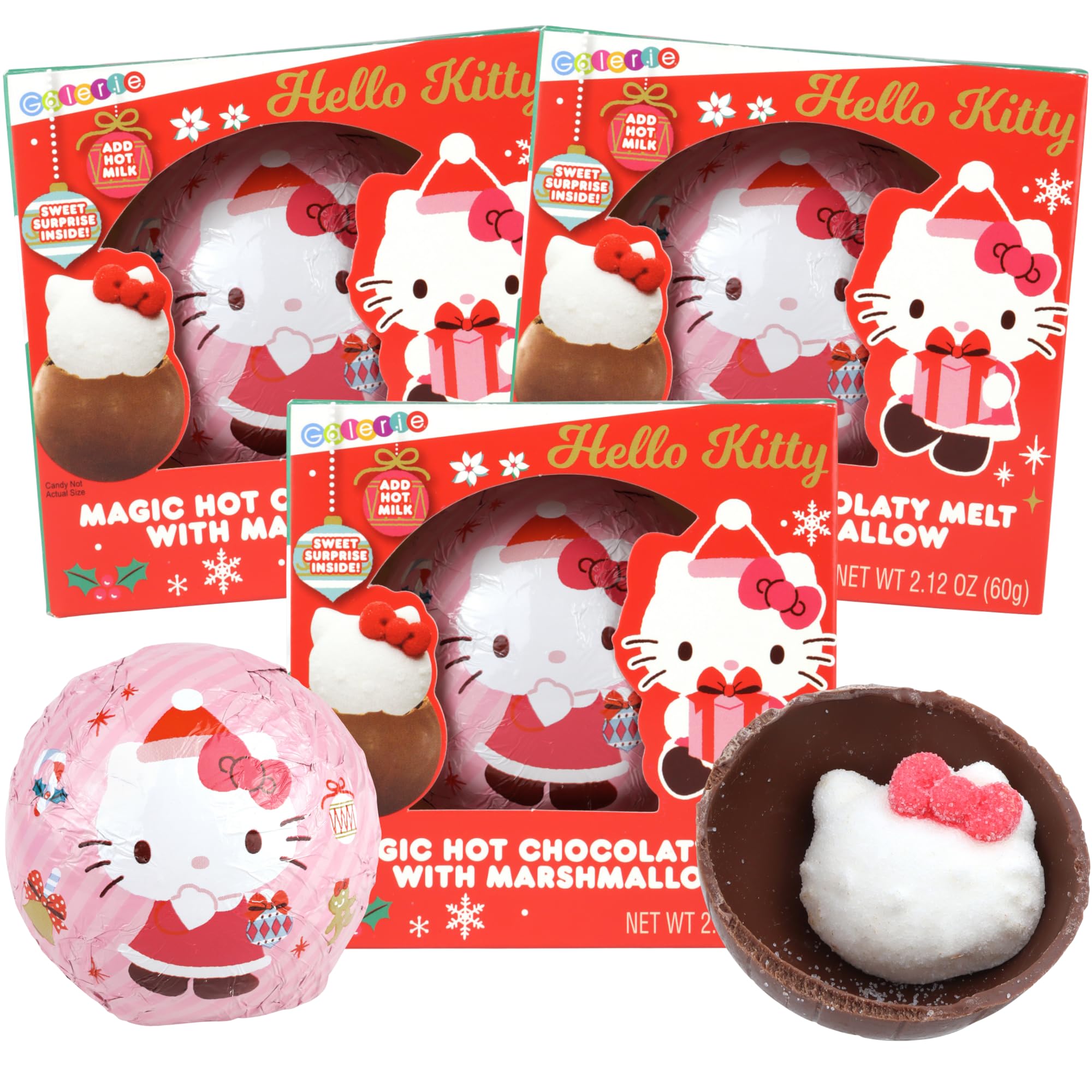 Sweetzo Christmas Hello Kitty Milk Chocolate Balls, Festive Hot Cocoa Melts with Marshmallows, Stocking Stuffer Candy for Women, 2.12 Ounces (Pack of 3), Red