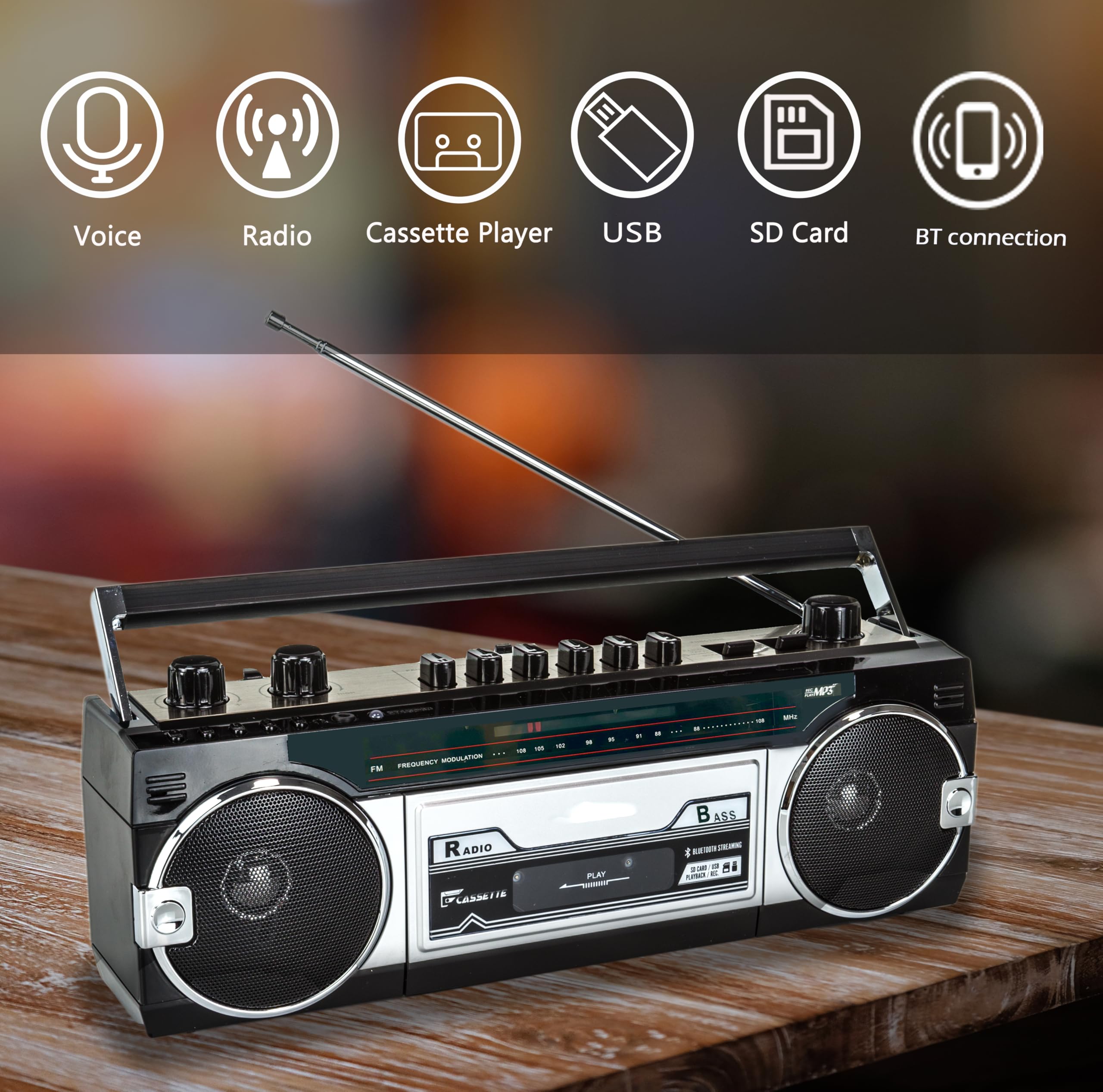Retro Boombox, Convert Cassettes to USB/SD, Radio Cassette Player Recorder, USB/Micro SD Slots, Headphone Jack, Built-in Microphone?Black