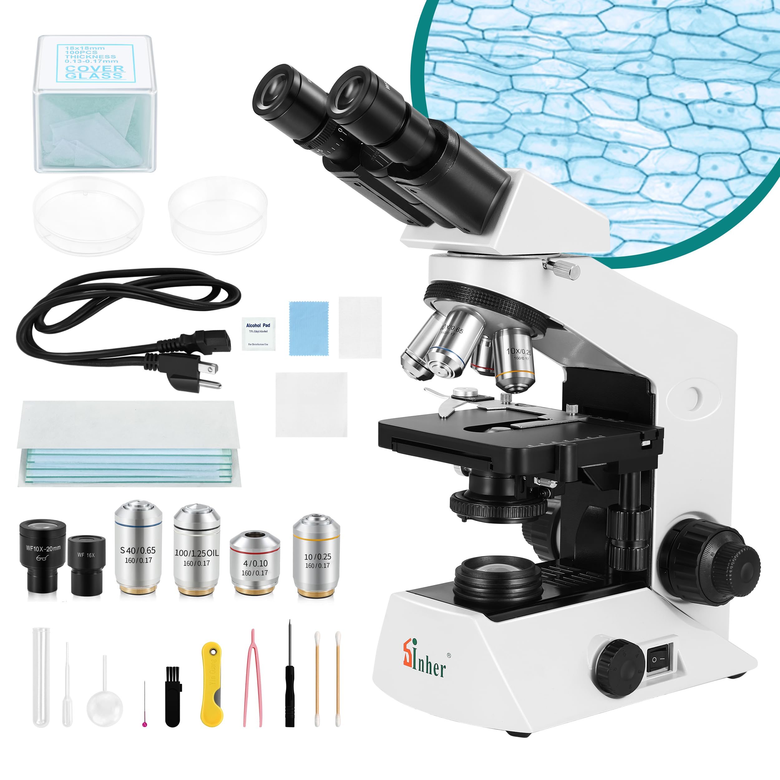 - Sinher XSZ-2108A Professional lab Compound Binocular microscopes 40X-2000X Magnification for Kids Students Adults School Lab Home Education with Microscope Slides Set.