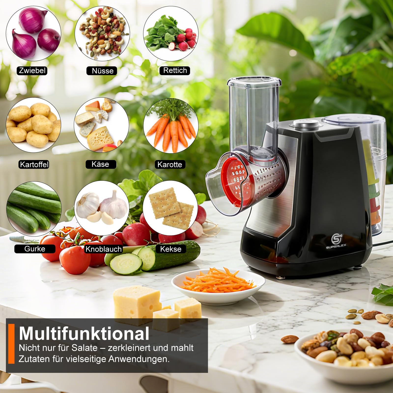 Coupe-légumes Électrique 5-en-1 Râpe à Légumes avec 5 Lames de Tambour Interchangeables Râpe Électrique et Broyeur pour Fruits Légumes Fromage Fruits Noix Carottes Utilisation en un Clic Râpe