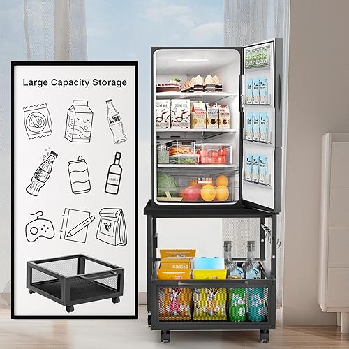 Miniatura 7 de Mini soporte para refrigerador con almacenamiento y ruedas, mini mesa de nevera resistente con tomas de corriente para refrigerador de 220 libras,