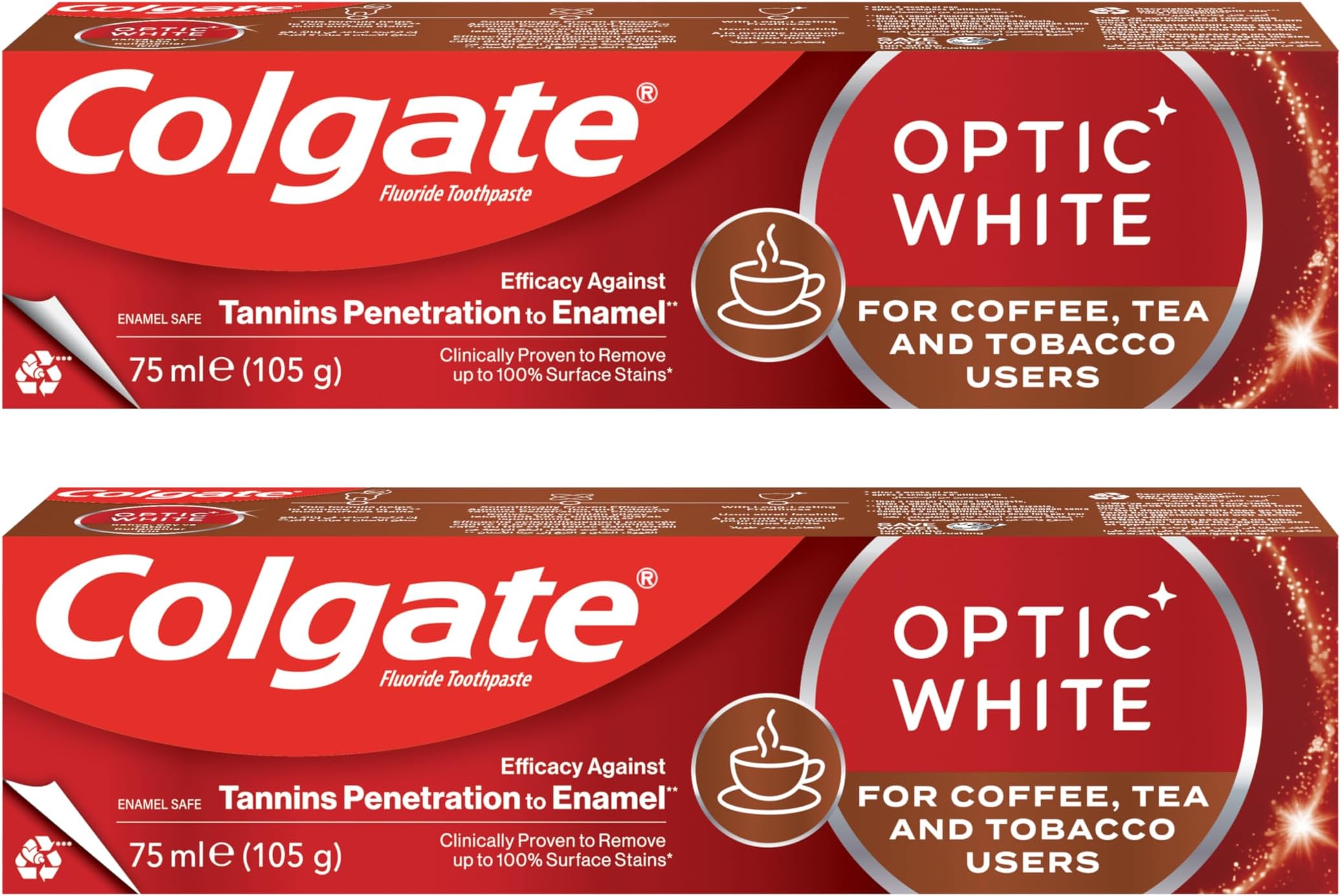 Toothpaste Optic White, Stain Removal Whitening Toothpaste for Coffee Tea and Tobacco Users, 2x75ml, 2 Pack