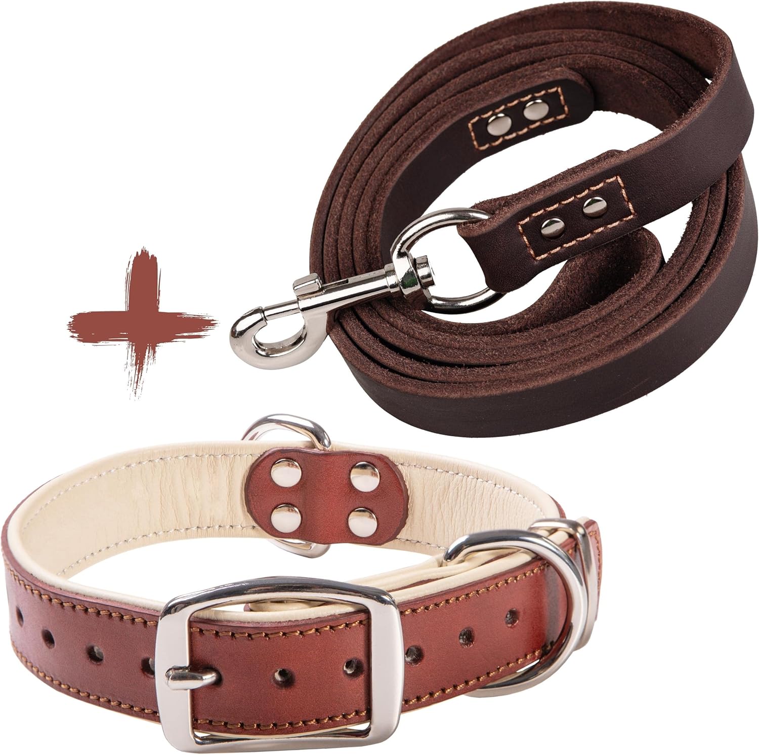 Leather Dog Leash 6 Foot x 1" with Padded Leather Dog Collar for Extra Large Dogs