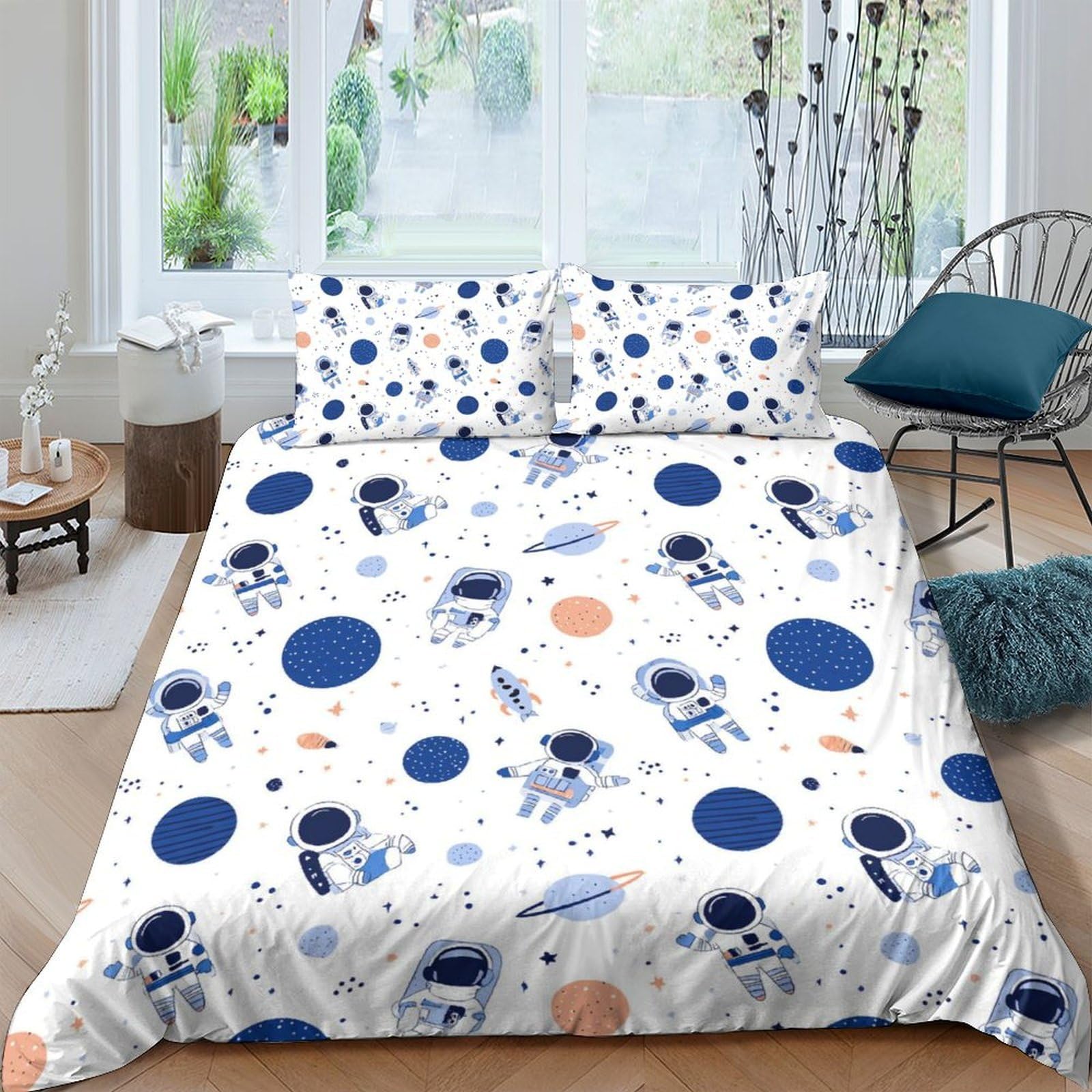 Ctjqhvkz Style-2 3D Printed Astronaut Planet Fitted Sheet Microfiber Blue Orange Space Bed Cover For Bedroom Guest Room Dorm Decor Single（135X200cm）