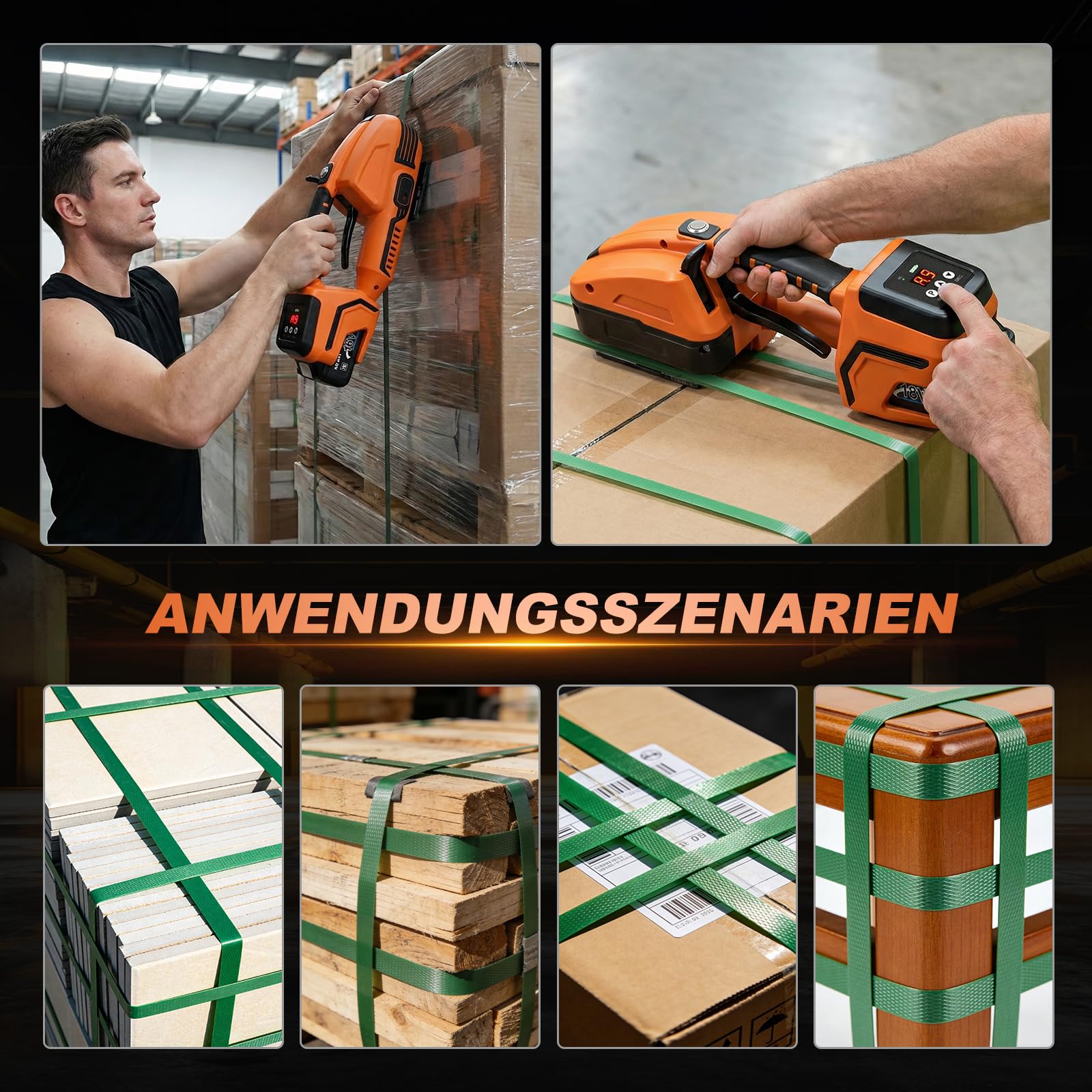 Umreifungsgerät Akku für 13-16 mm PP-/PET-Band mit Digitaldisplay, 2 x 4000 mAh Akku, 900-3500N Elektrische Umreifungsmaschine Mit Kunststoffkasten Umreifungsgerät Elektrisch für Paletten