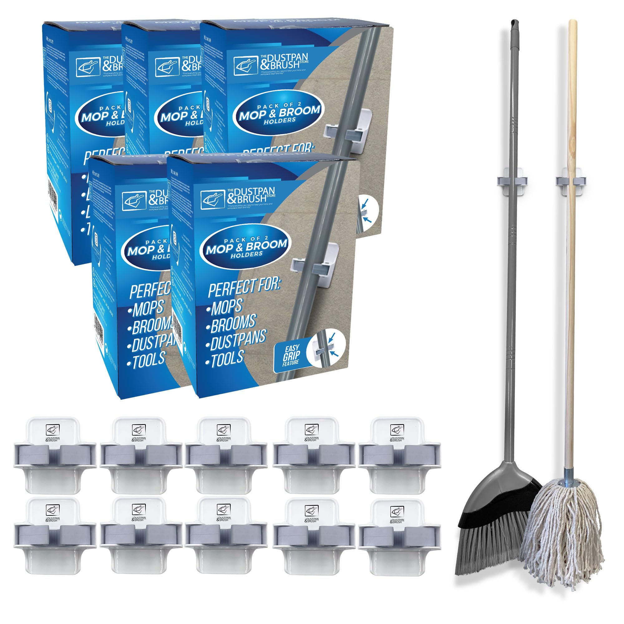 Tdbs The Dustpan And Brush Store Silver Wall Mop Broom Holder (10 Holders) Mop And Broom Holder Wall Mounted Brush Self Adhesive For Easy Storage Of Dustpans And Tools - Wall Mounted Gripper