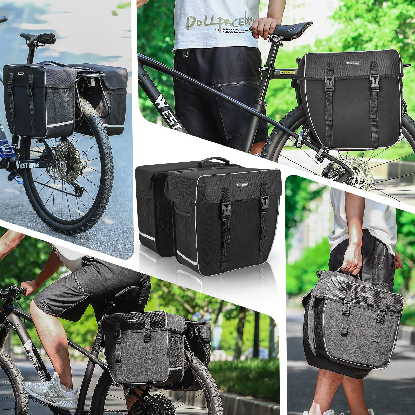 West Biking Torba rowerowa, podwójna, torba na bagażnik 30 l, wodoszczelna, duża torba na bagaż z paskiem, odporna na rozerwanie, dla osób dojeżdżających do pracy z ochroną przeciwdeszczową