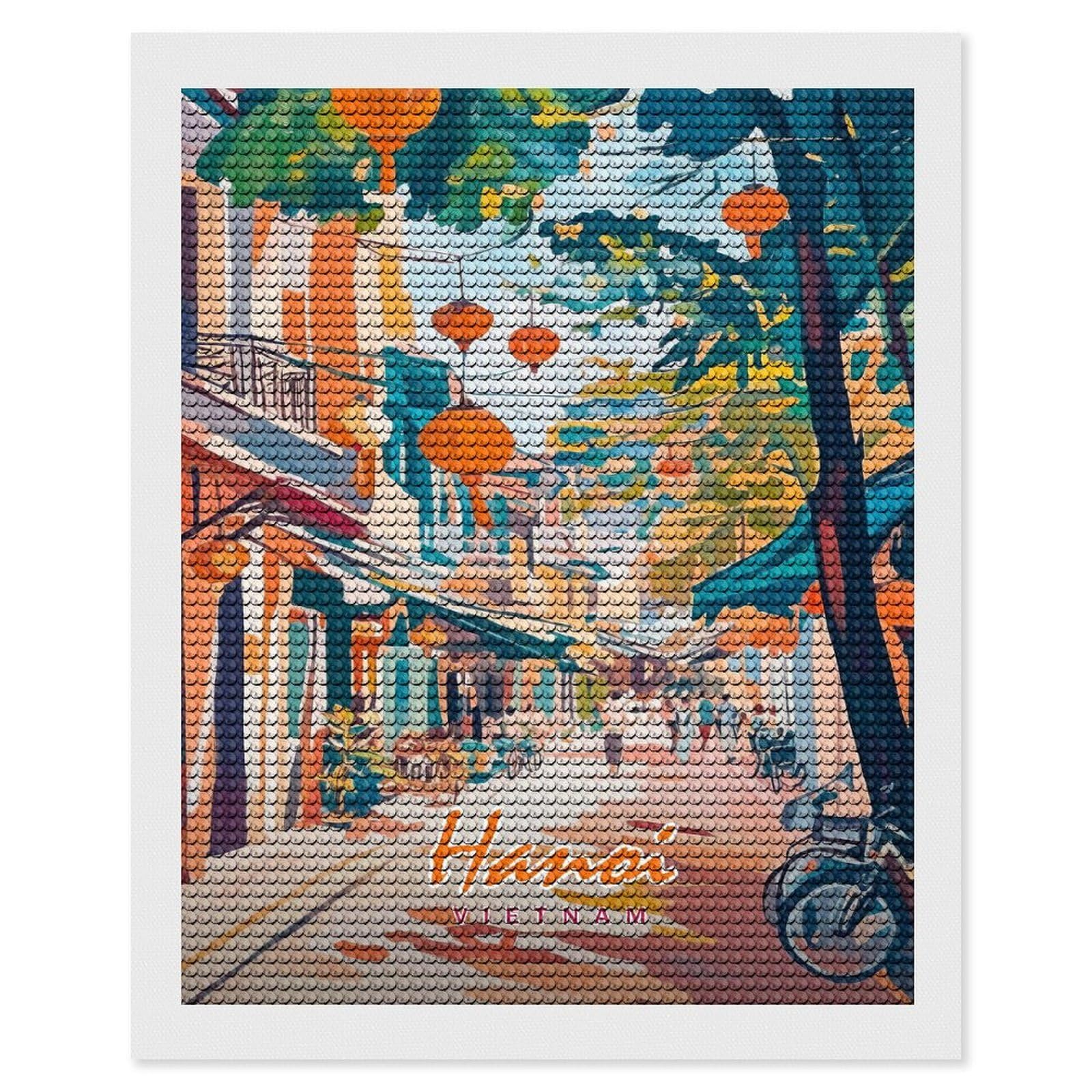 Junmoney Hanoi Street Scene Full Drill Diamond Painting Kit 16"x20", Sparkling Round Gems, Decorate Your Room, Mindful Craft Activity