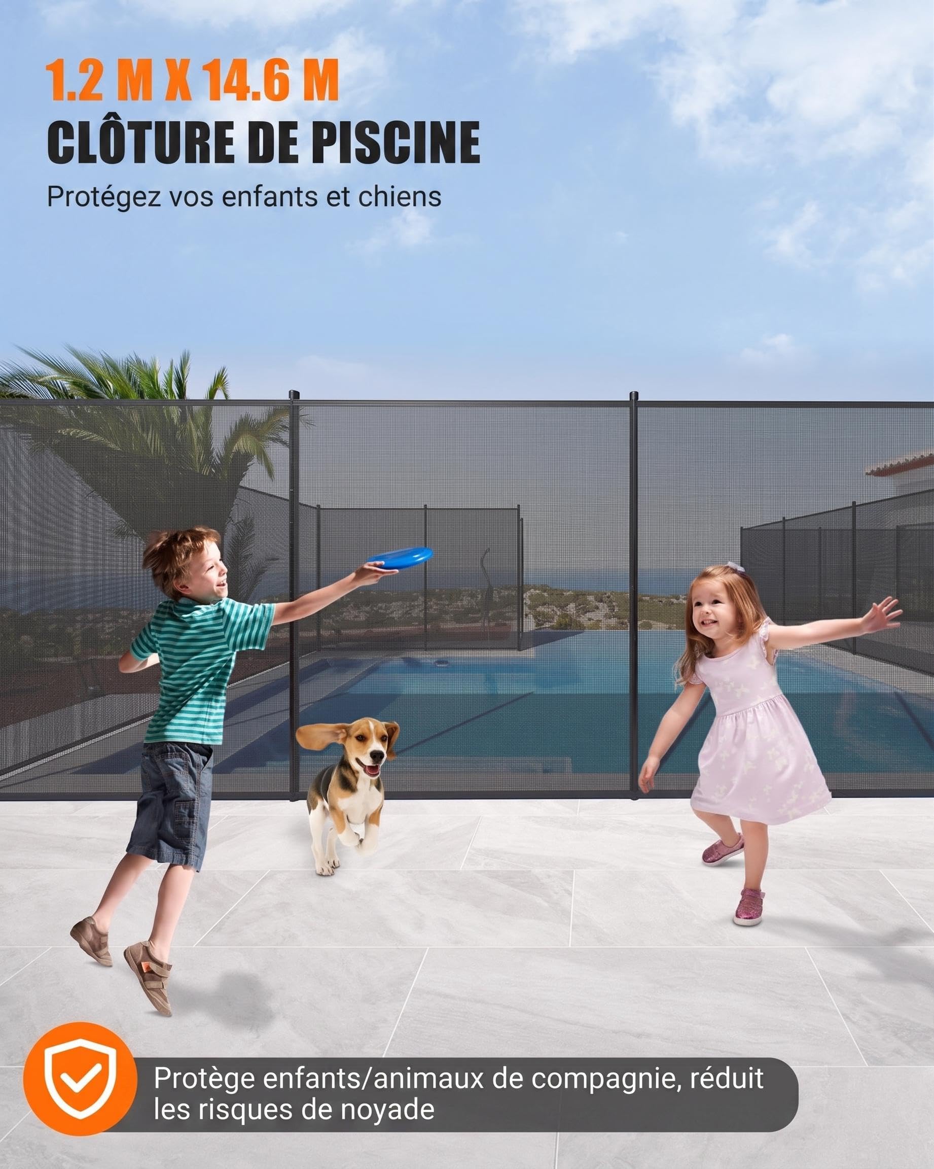 Garvee Barrière de sécurité piscine extérieure – Maille PVC résistante – Installation sans perçage – Protège enfants & animaux – Amovible – Pour piscines enterrées/hors-sol – Pieds antidérapants